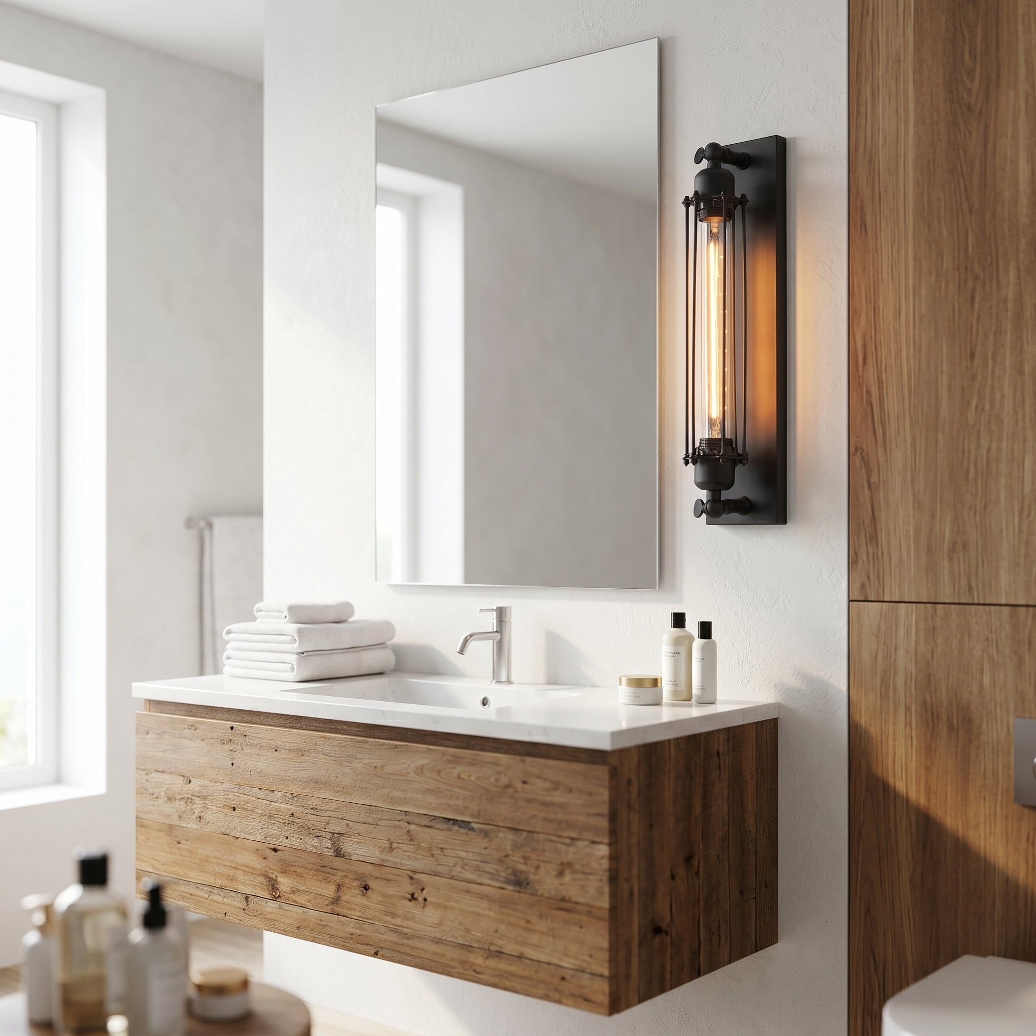 Ferro Antico Edison Wall Sconce beside a bathroom mirror