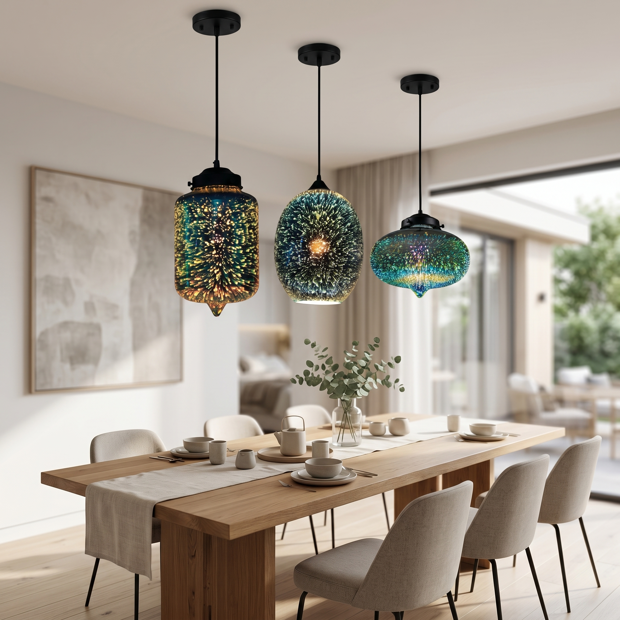 Notte Stellata pendants over a bright dining table