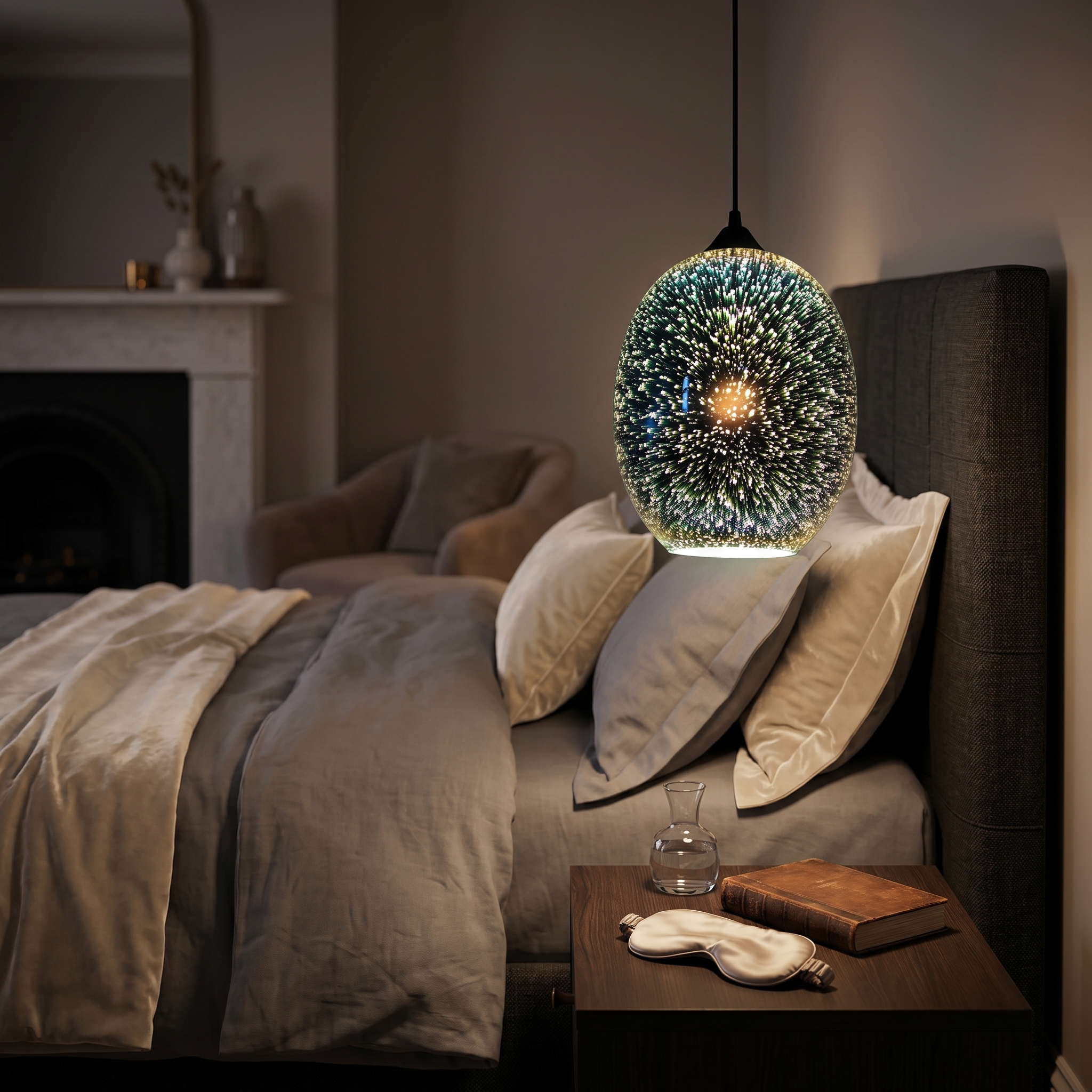 Notte Stellata sphere pendant beside a cozy bed