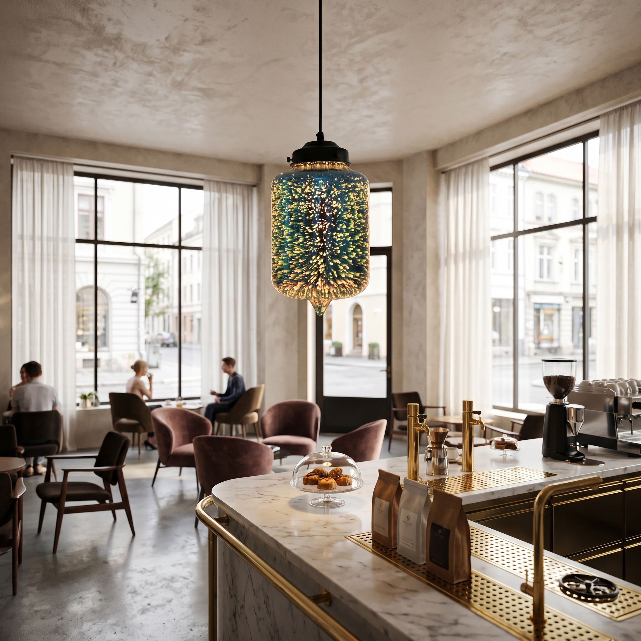 Notte Stellata cylinder pendant in a bright cafe