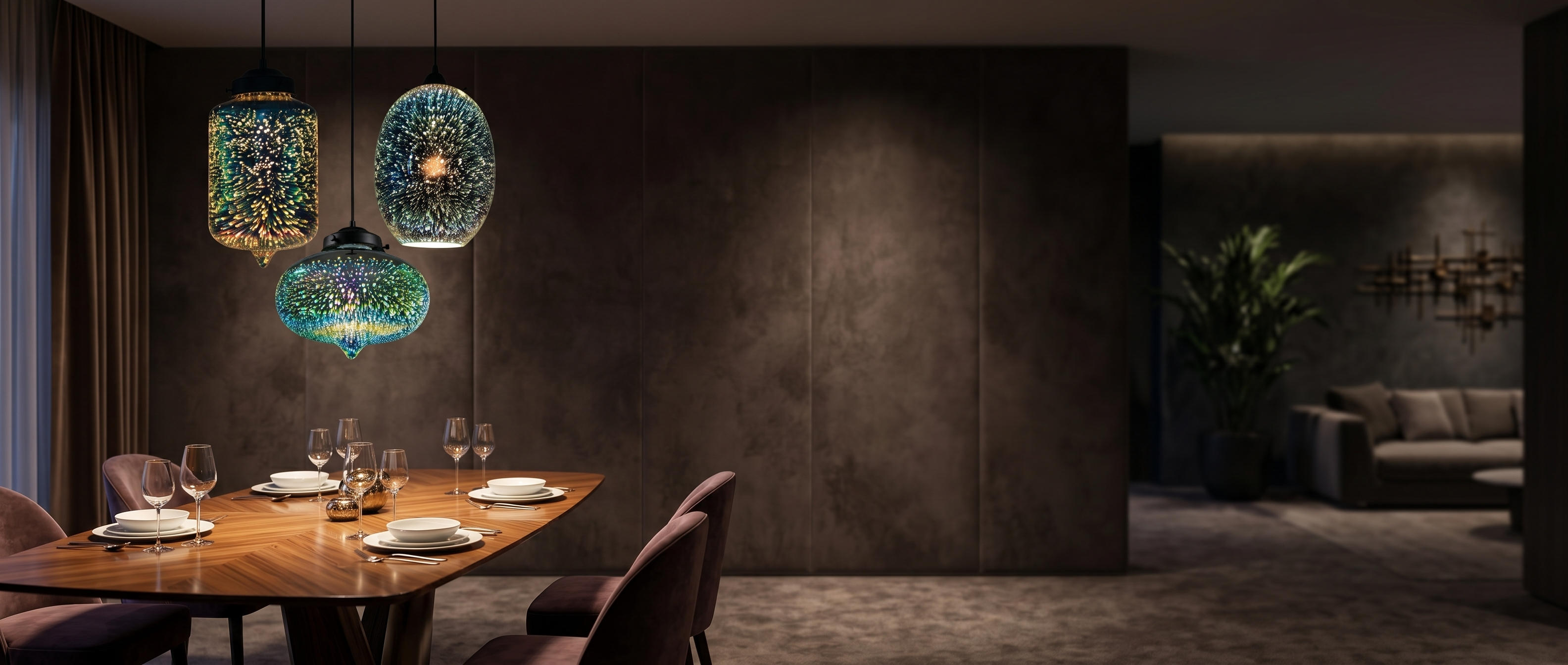 Notte Stellata galaxy pendants in an elegant dining lounge