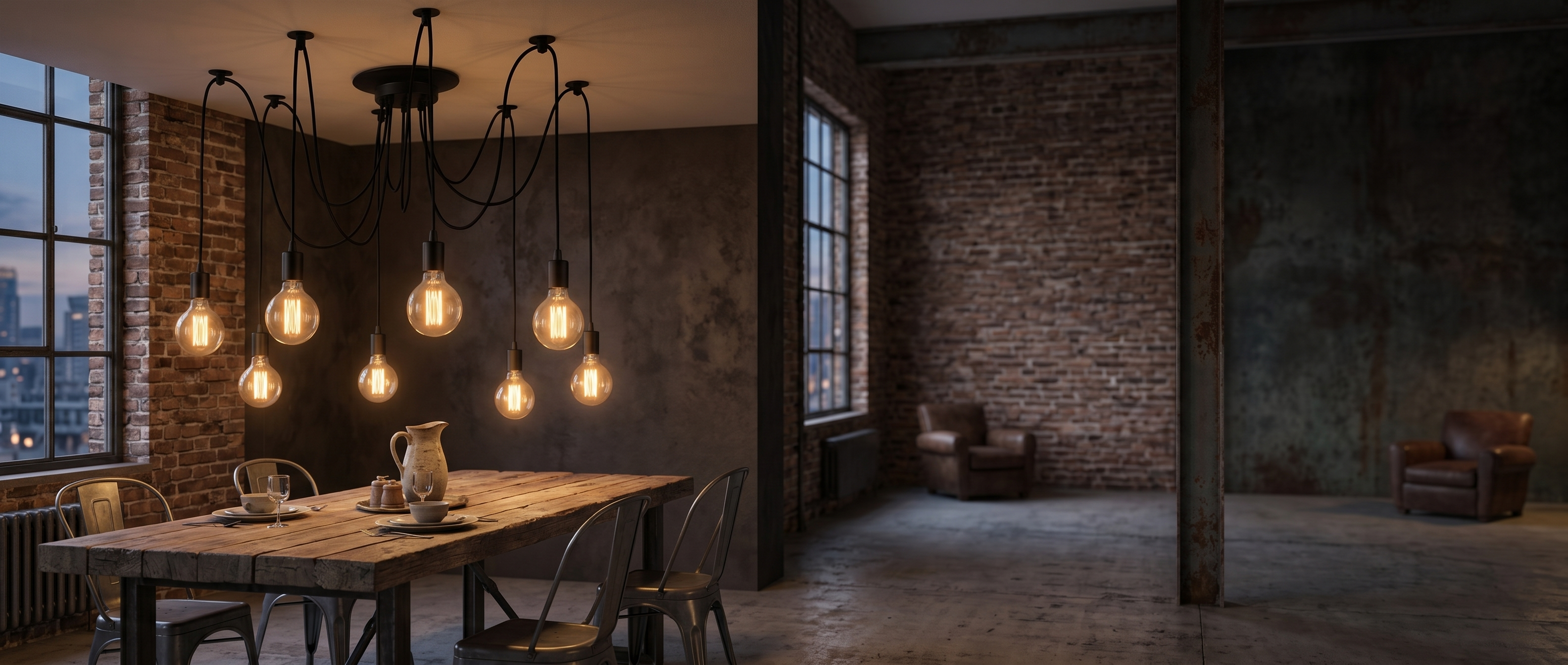 Ragnatela Dorata spider Edison chandelier in a warm industrial loft
