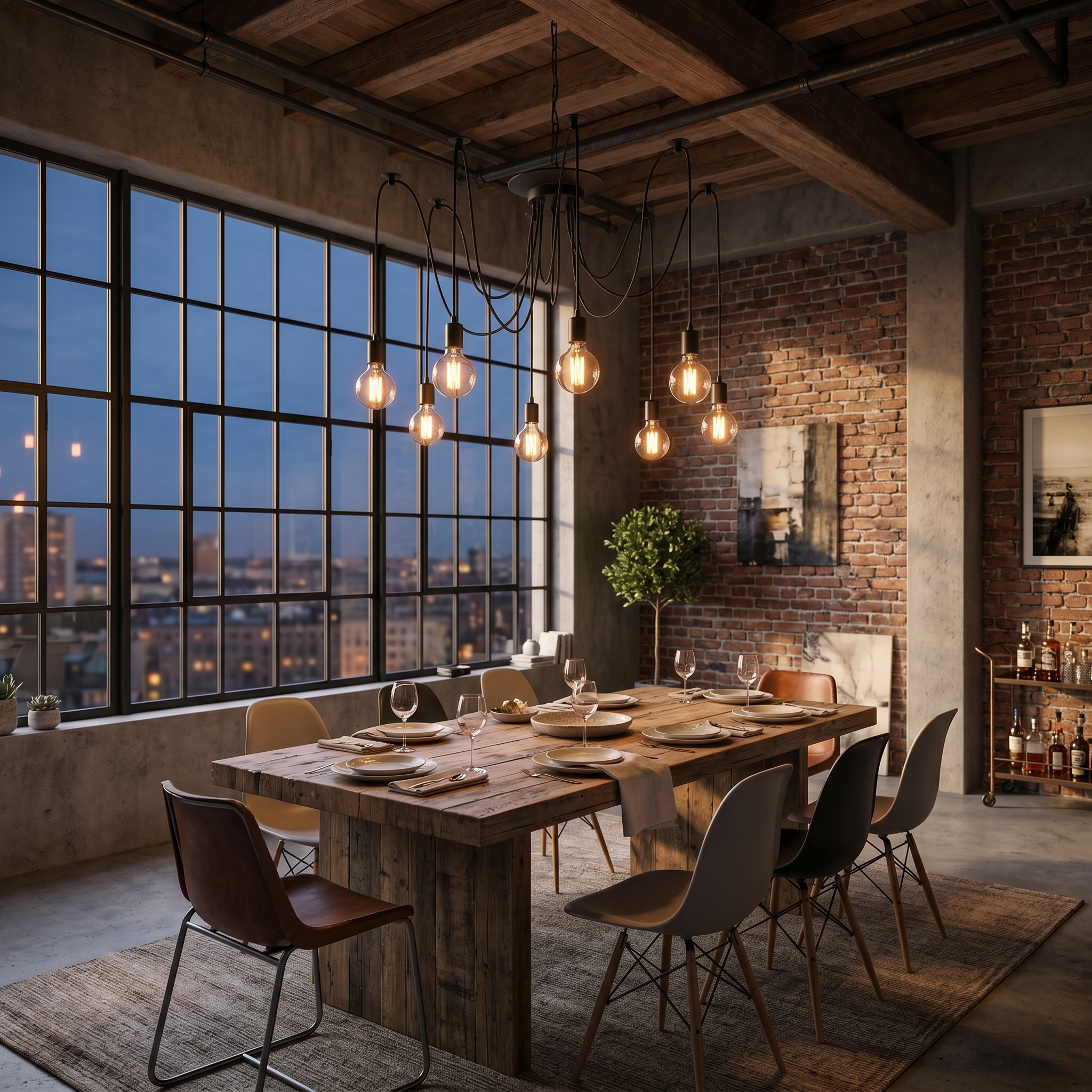 Ragnatela Dorata spider chandelier over a loft dining table