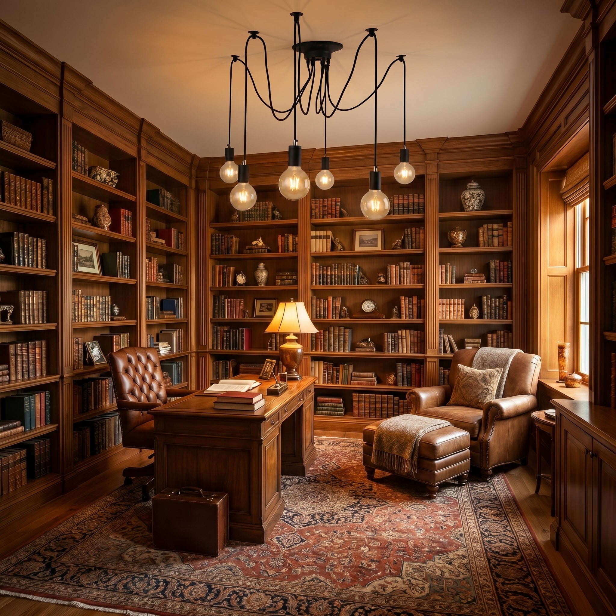 Ragnatela Dorata spider chandelier in a home library
