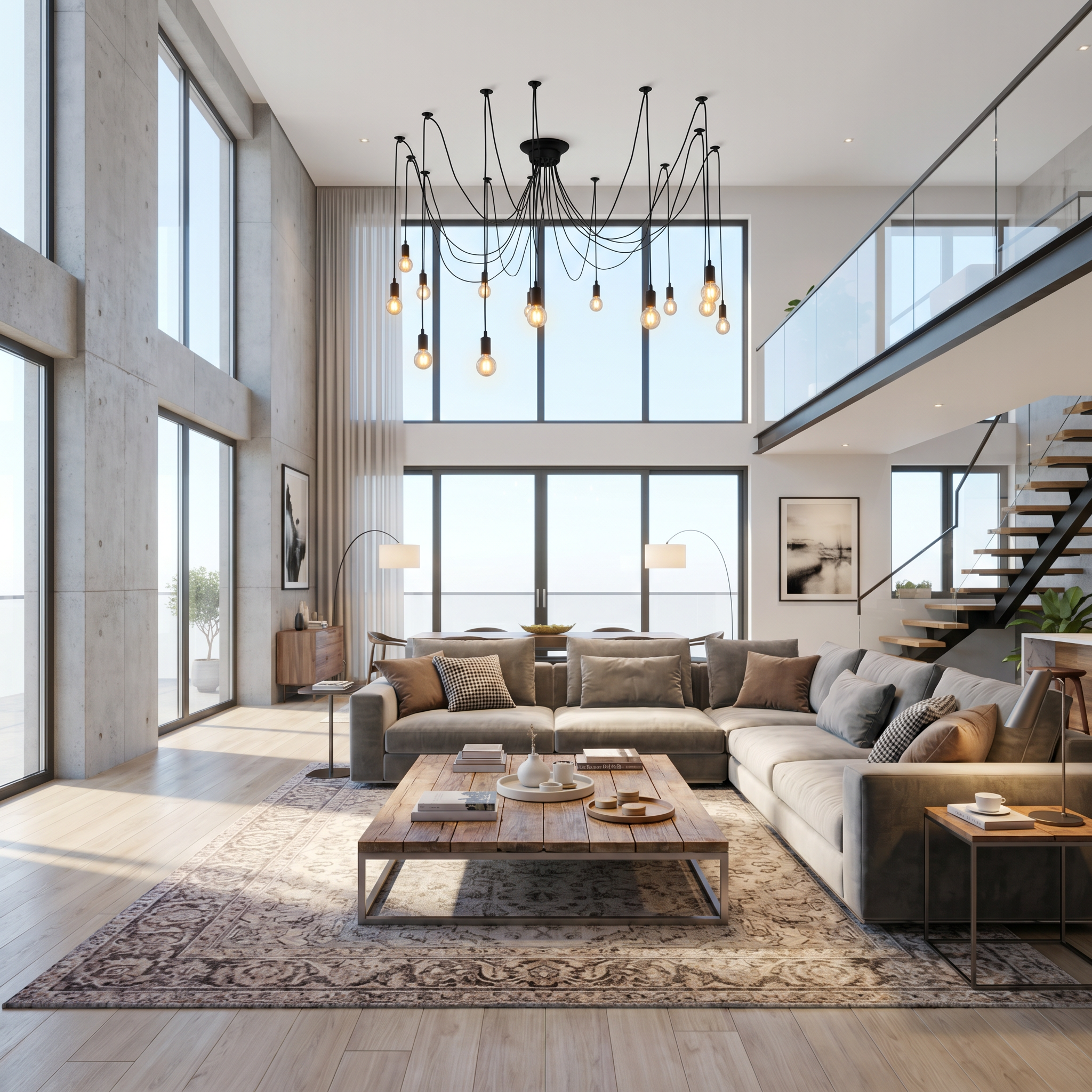 Ragnatela Dorata spider chandelier in a double-height living room