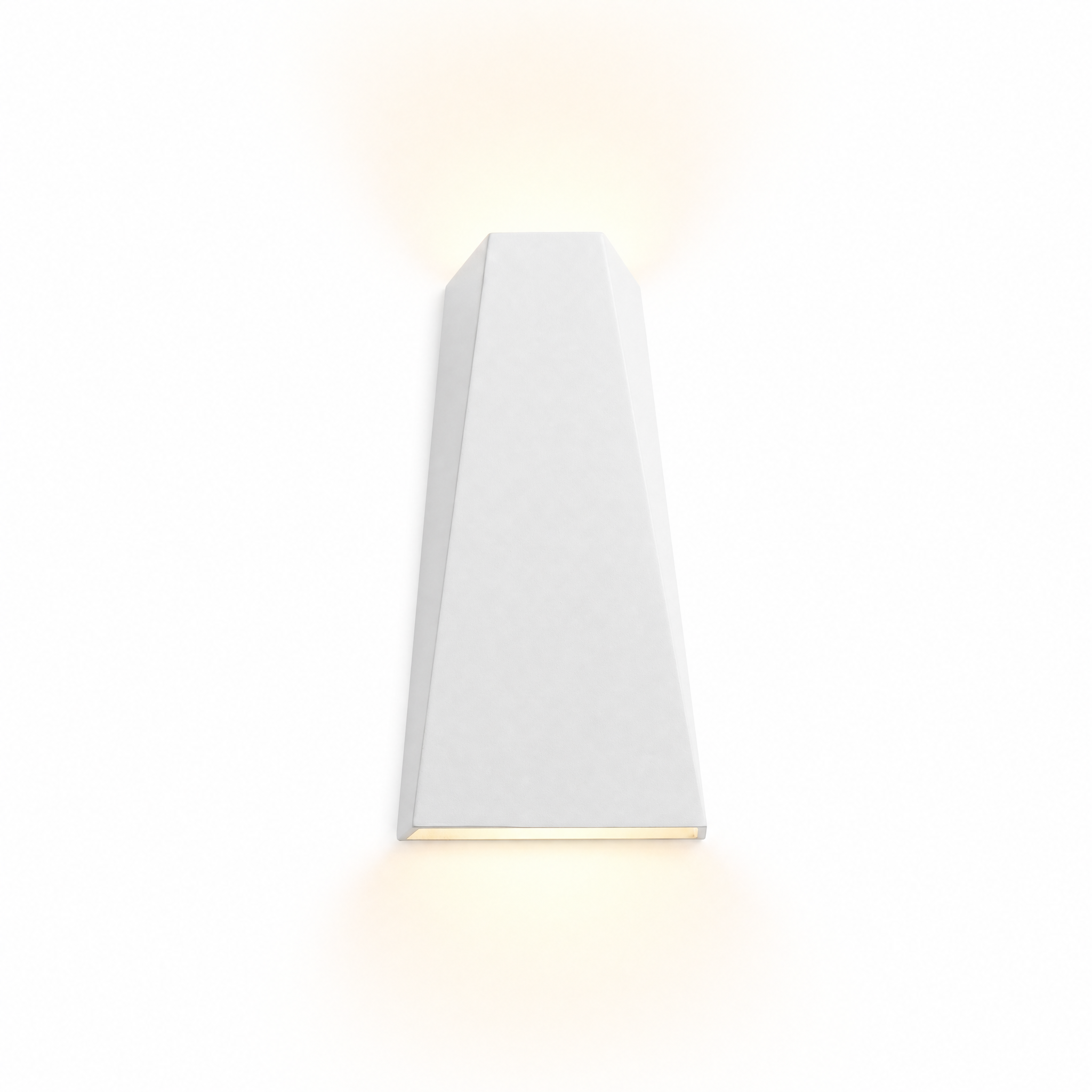 Faccetta Aurora white geometric up down wall sconce switched on, studio white background