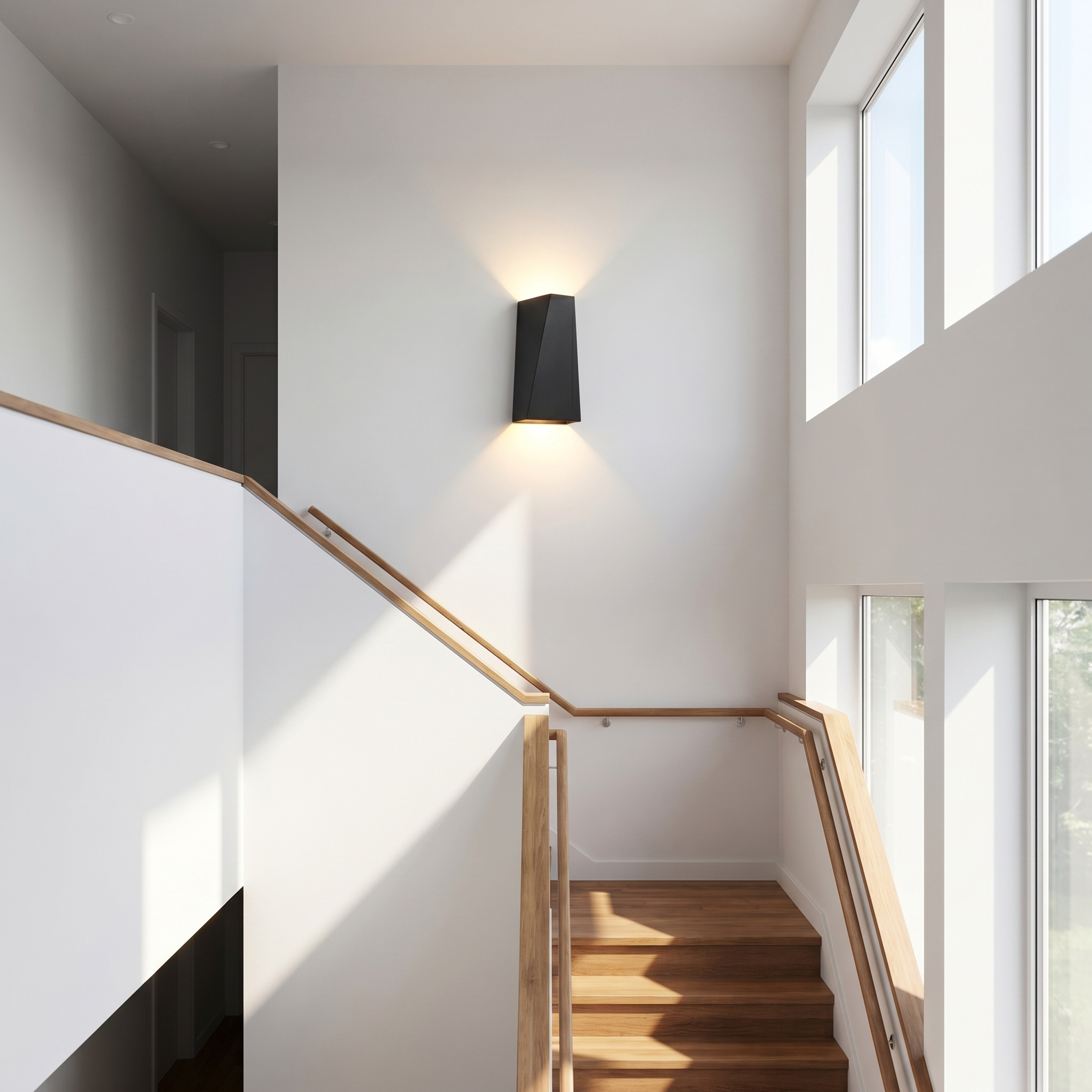 Faccetta Aurora black wall sconce on a bright staircase wall