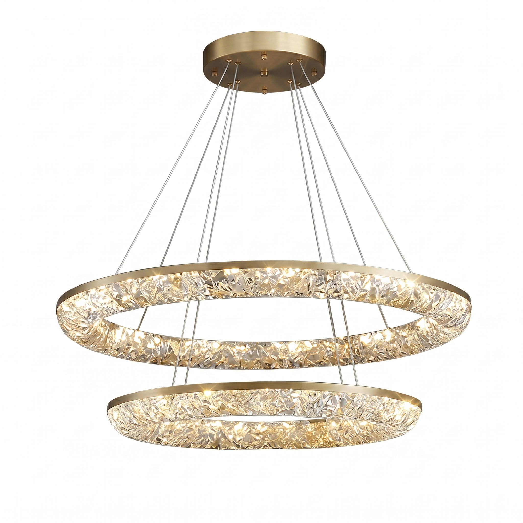 Gold crystal ring chandelier warm white light, studio white background