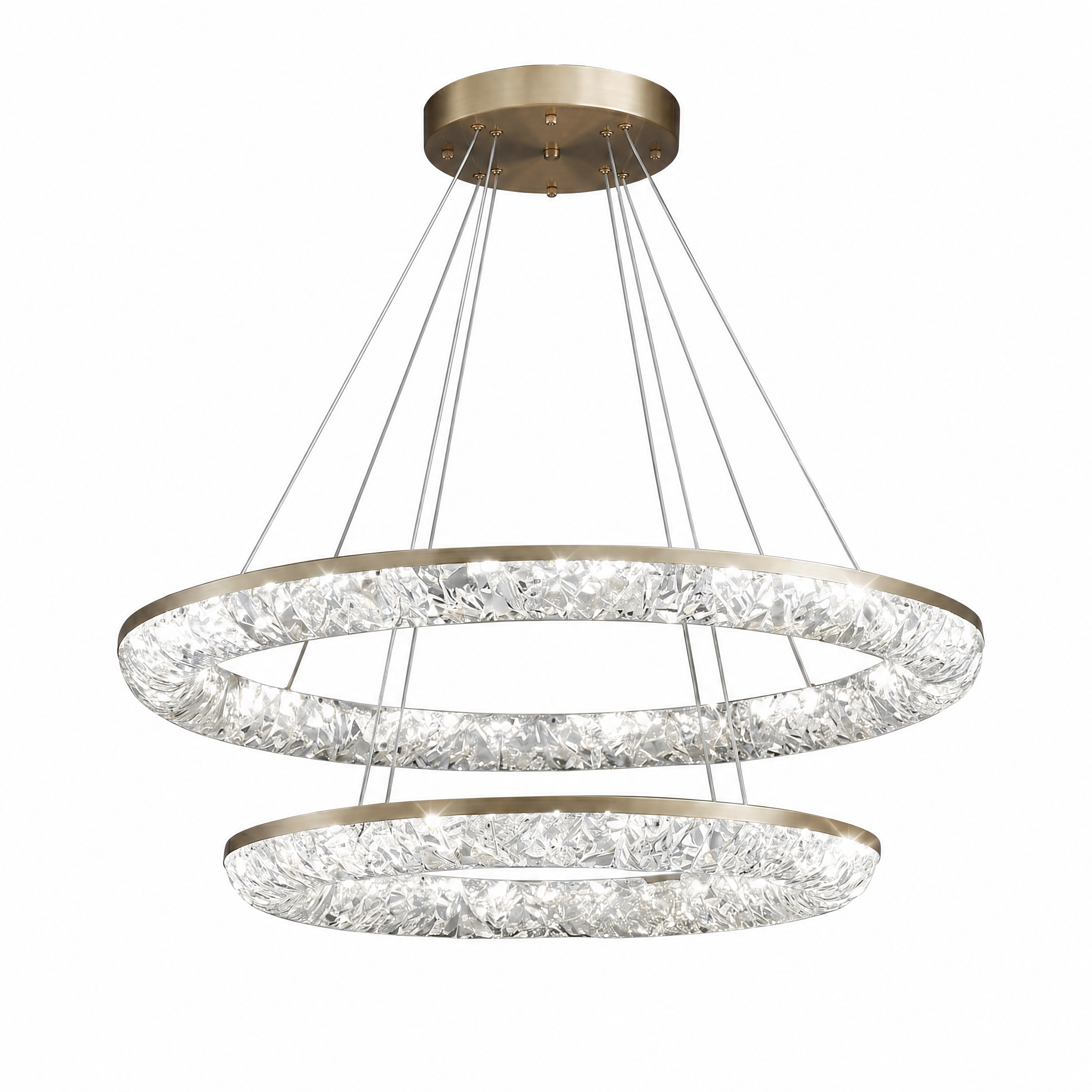 Gold crystal ring chandelier neutral white light, studio white background