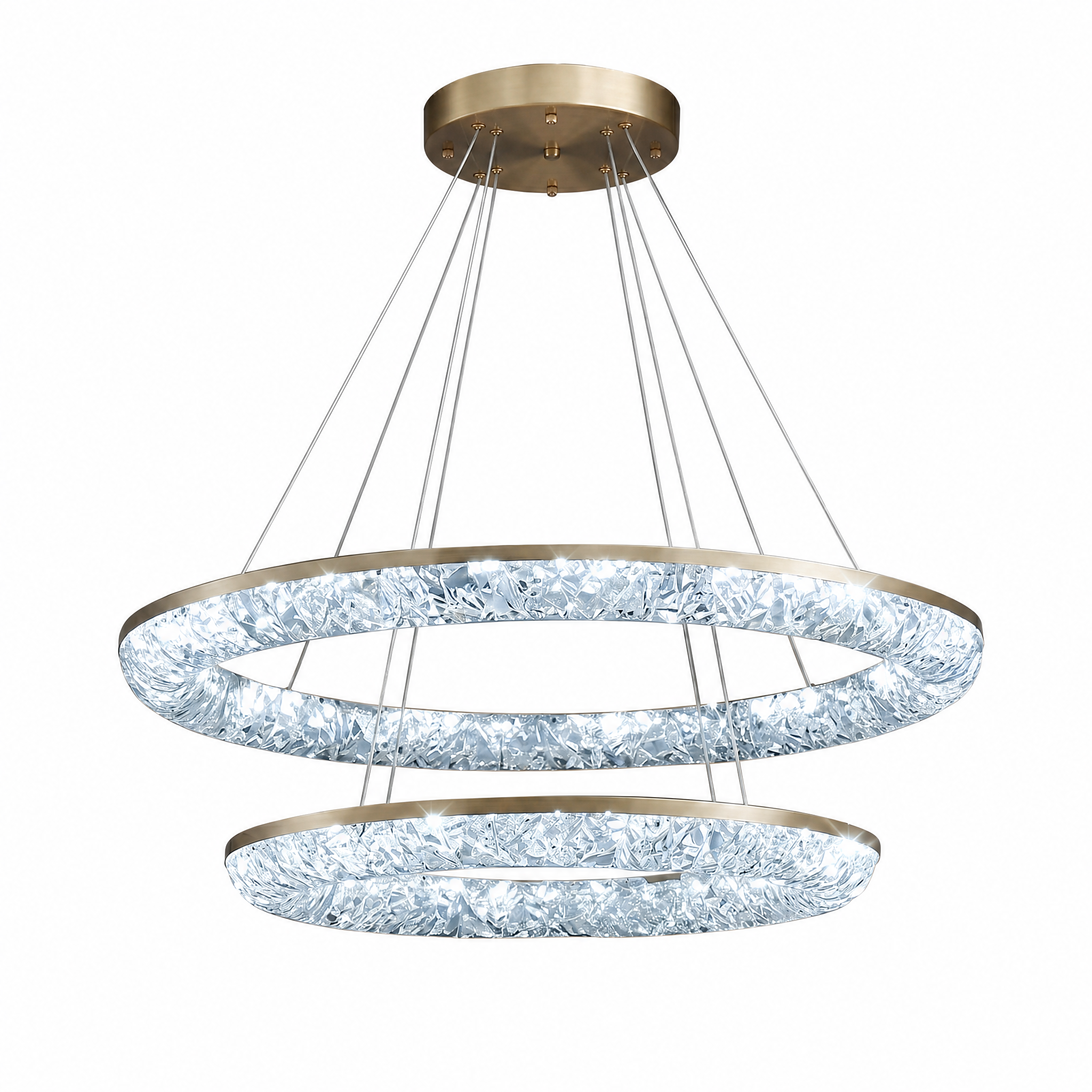 Gold crystal ring chandelier cool white light, studio white background