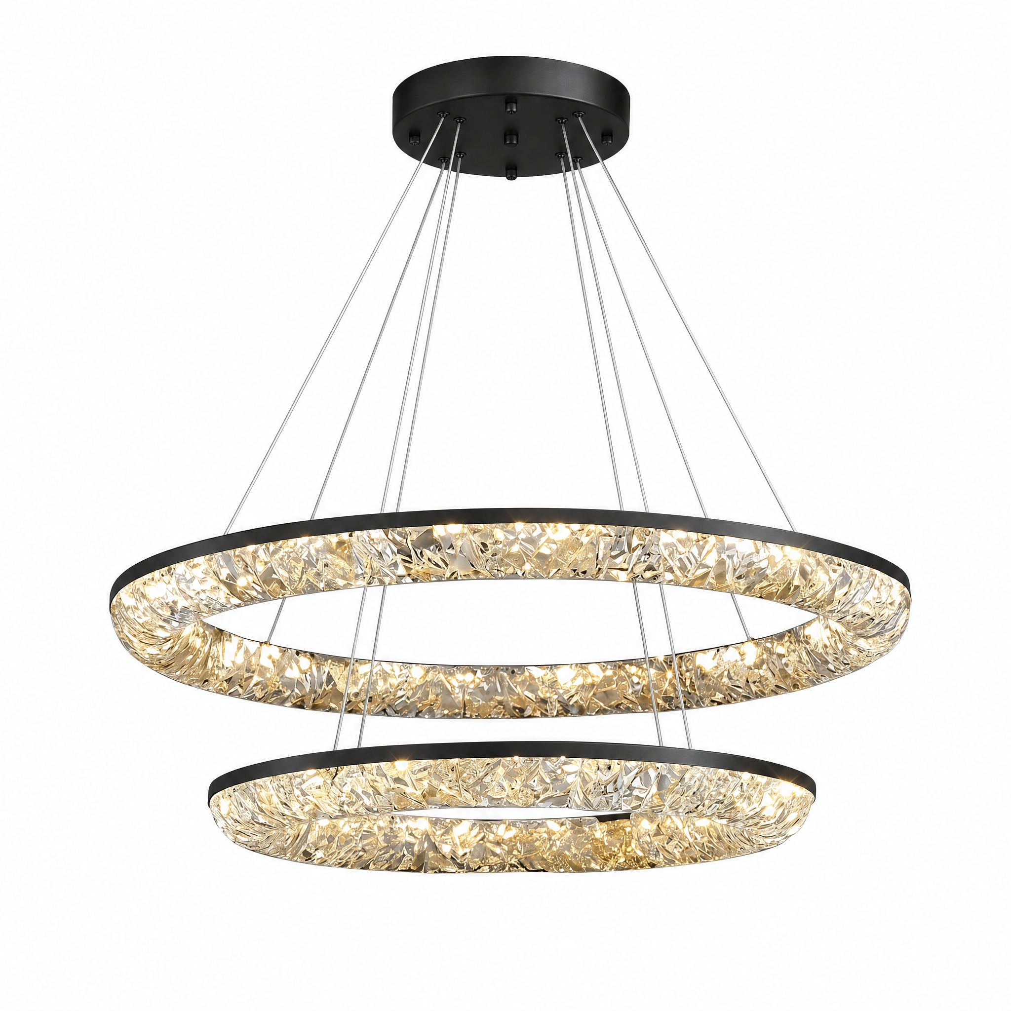 Matte black crystal ring chandelier warm white light, studio white background