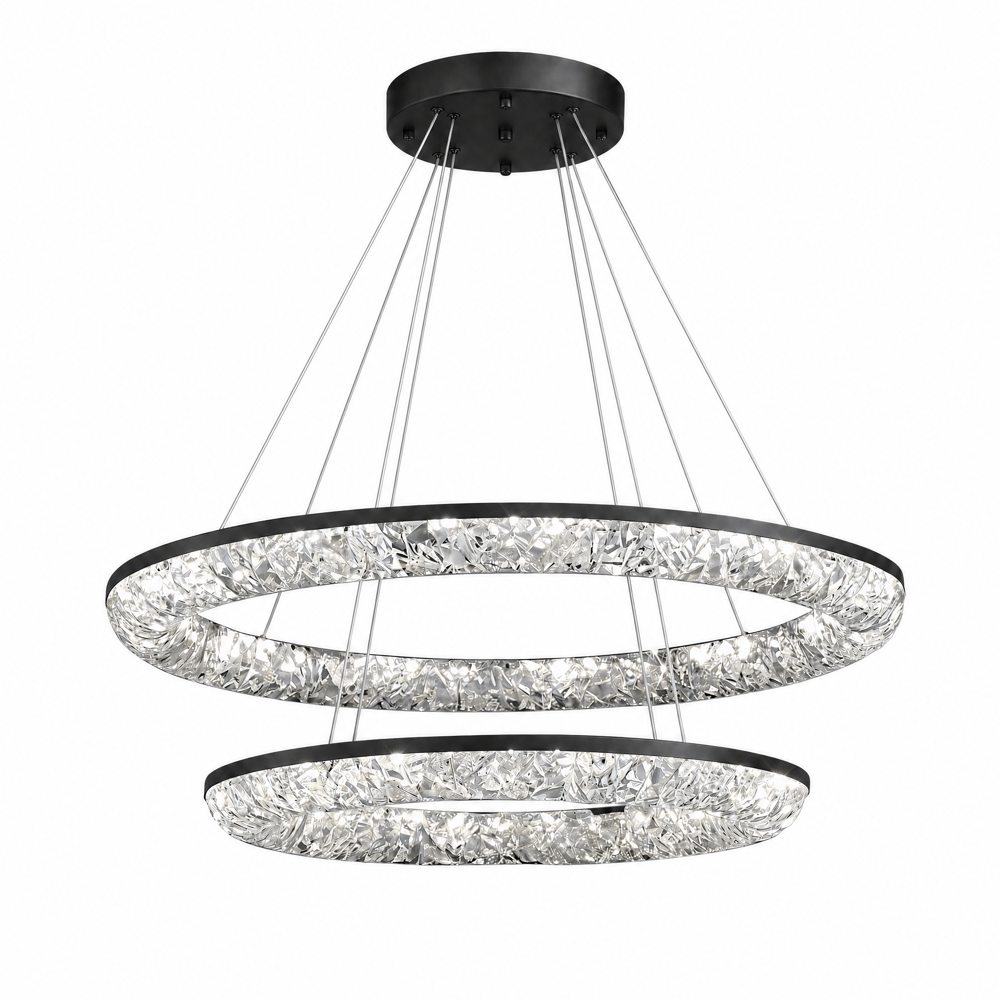 Matte black crystal ring chandelier neutral white light, studio white background