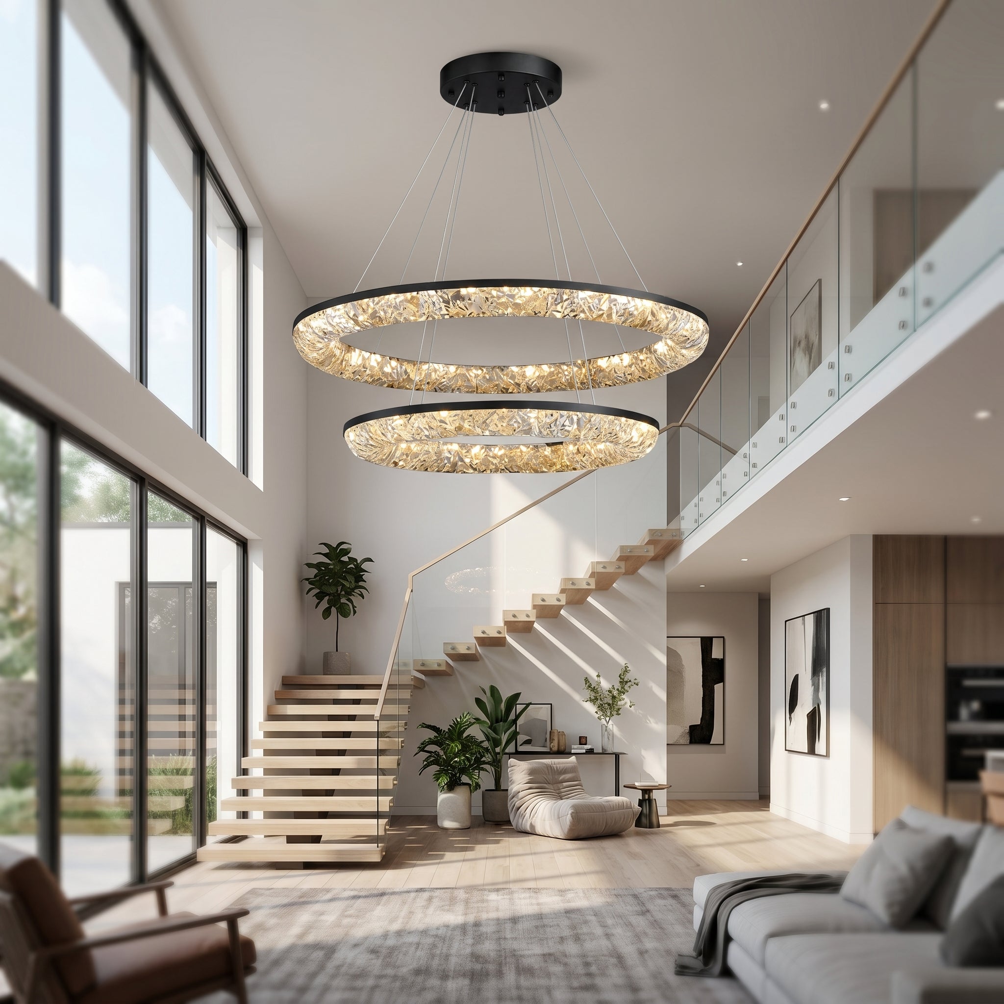 Stella Lucente matte black crystal ring chandelier in a double-height foyer stairwell
