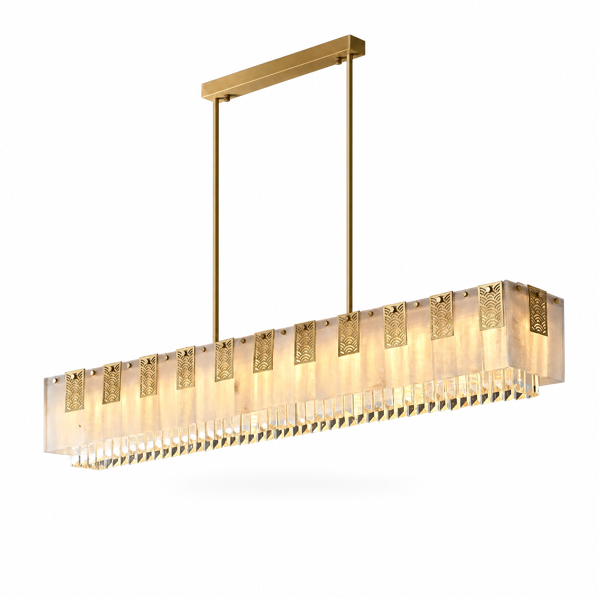 Rectangular gold crystal bar pendant warm light, studio white background