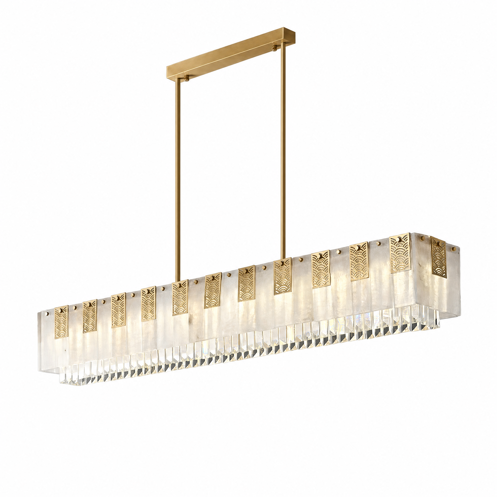 Rectangular gold crystal bar pendant neutral light, studio white background
