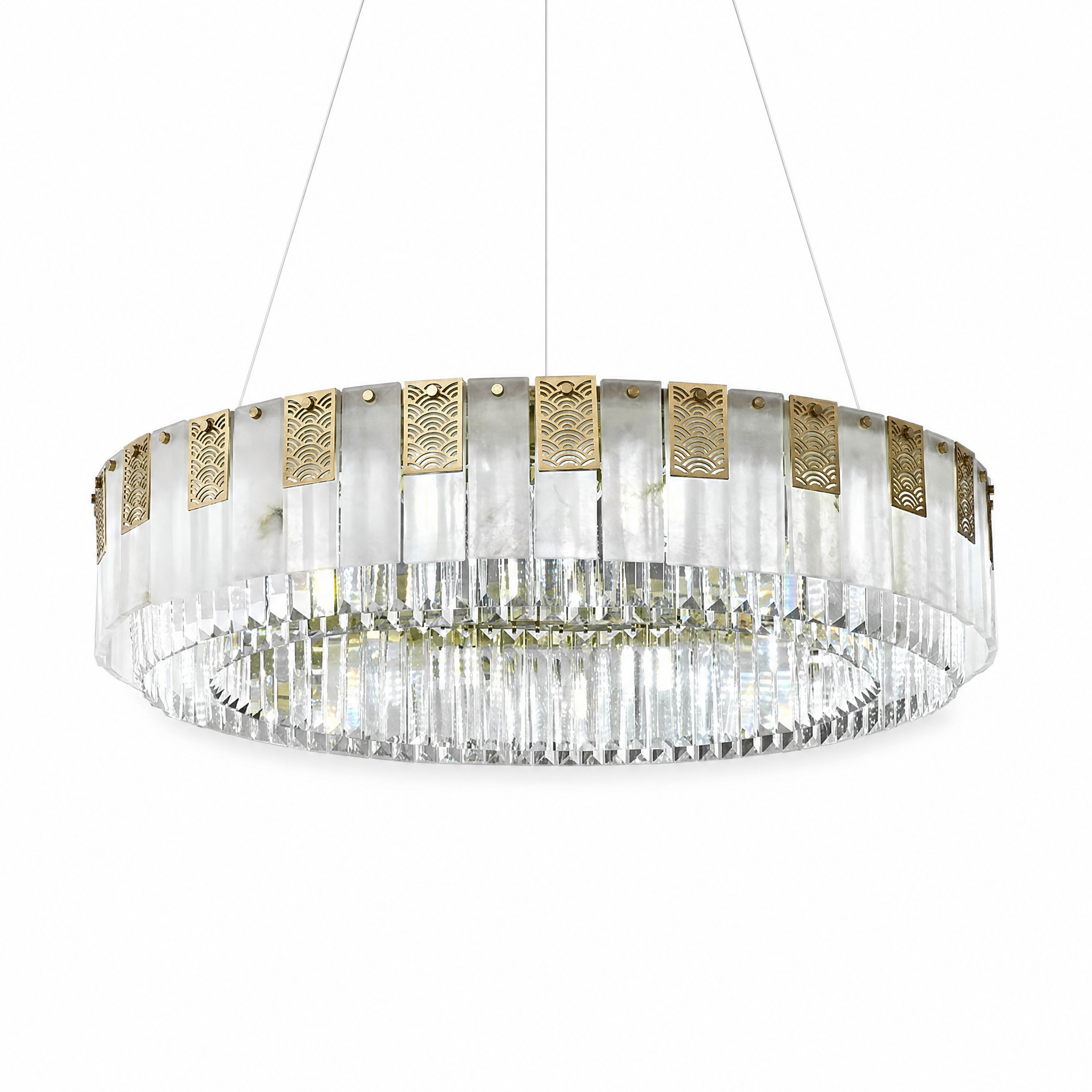 Round gold crystal pendant cool white light, studio white background