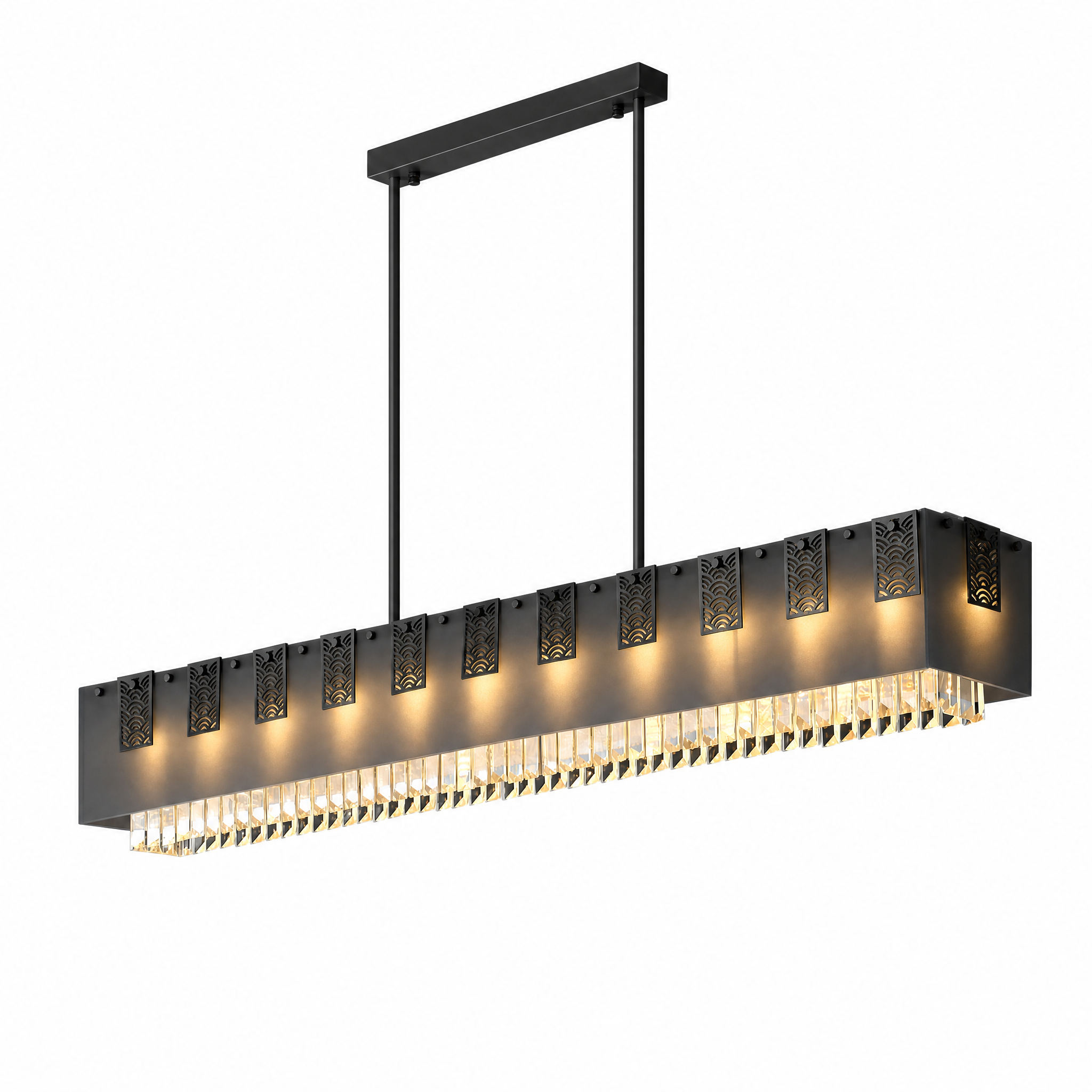Rectangular matte black crystal bar pendant warm light, studio white background