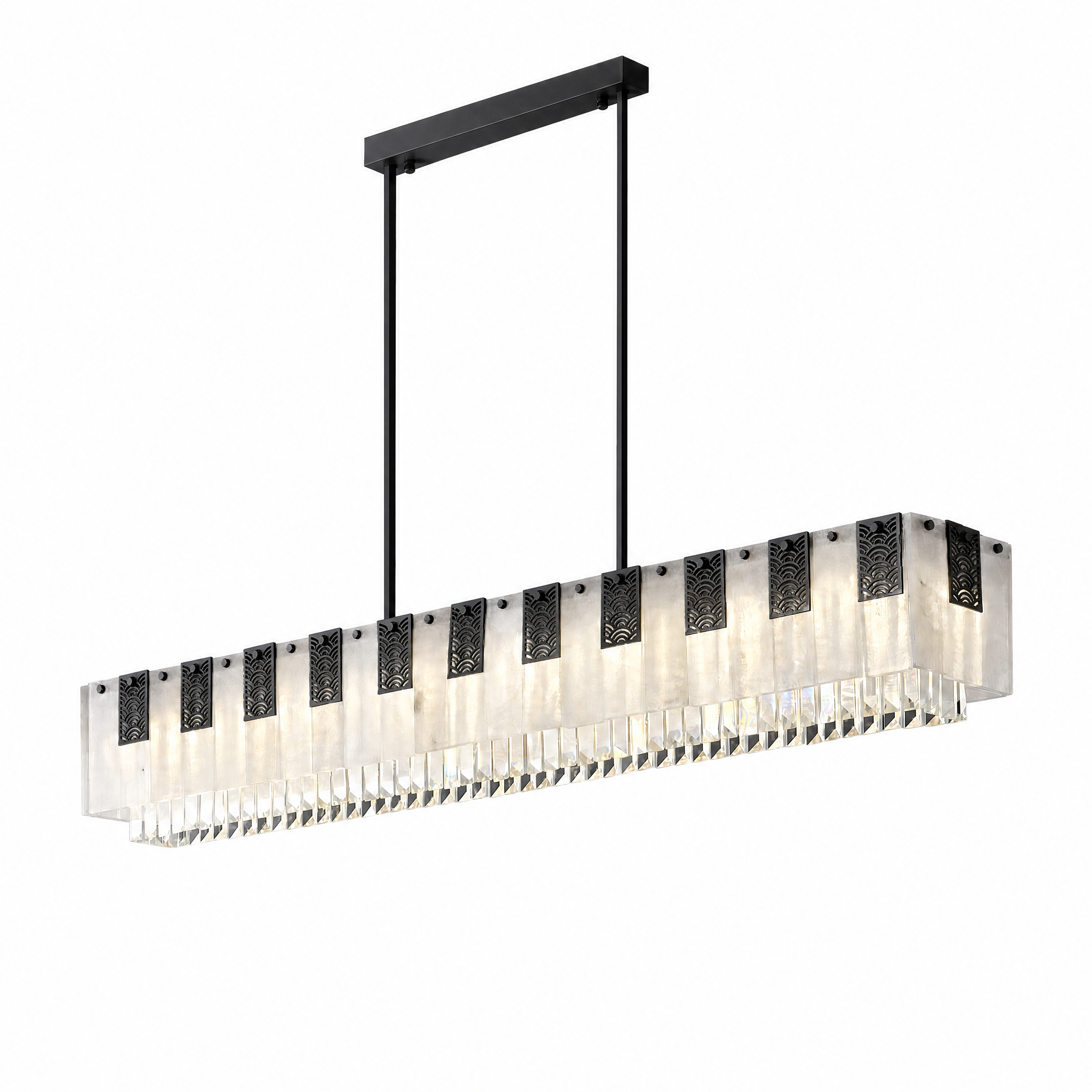 Rectangular matte black crystal bar pendant neutral light, studio white background