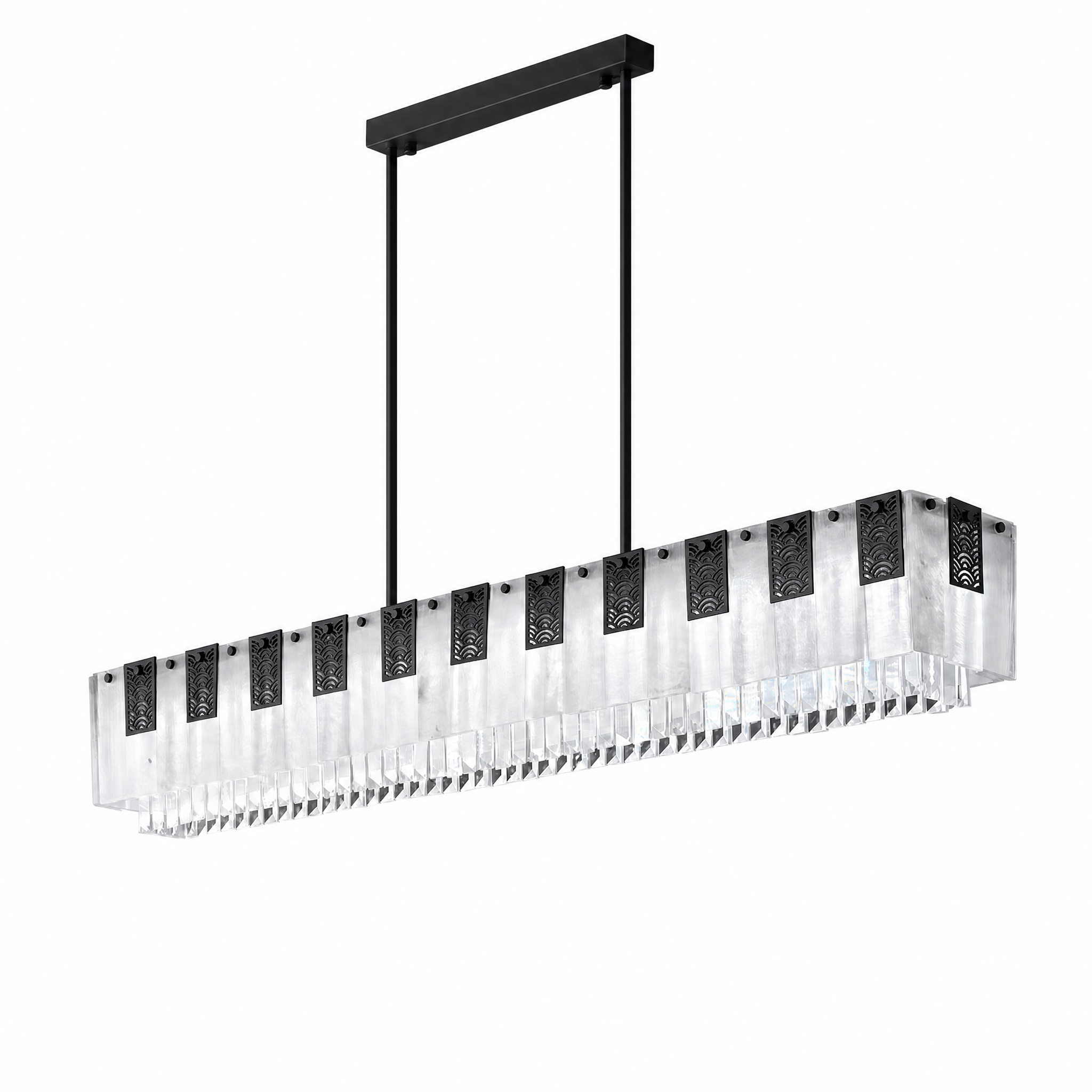 Rectangular matte black crystal bar pendant cool white light, studio white background