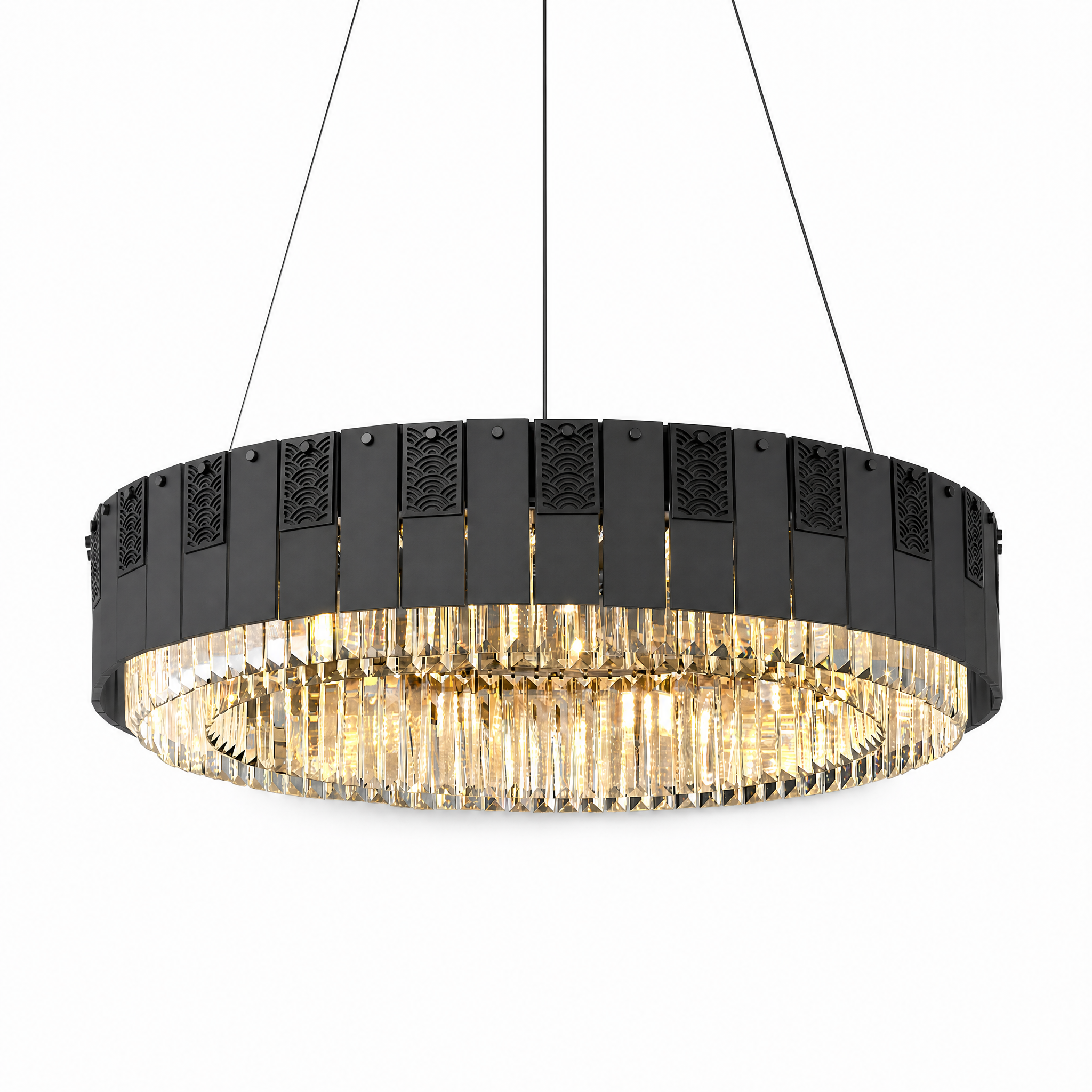 Round matte black crystal pendant warm light, studio white background