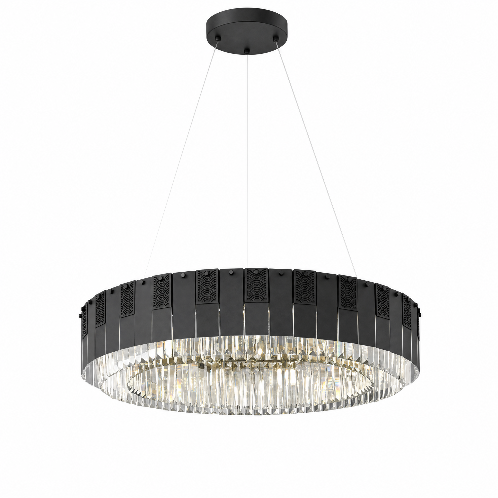 Round matte black crystal pendant neutral light, studio white background