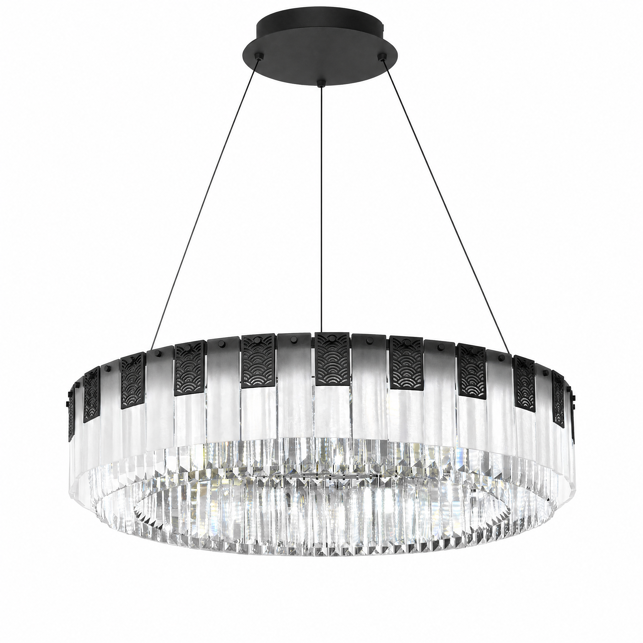 Round matte black crystal pendant cool white light, studio white background