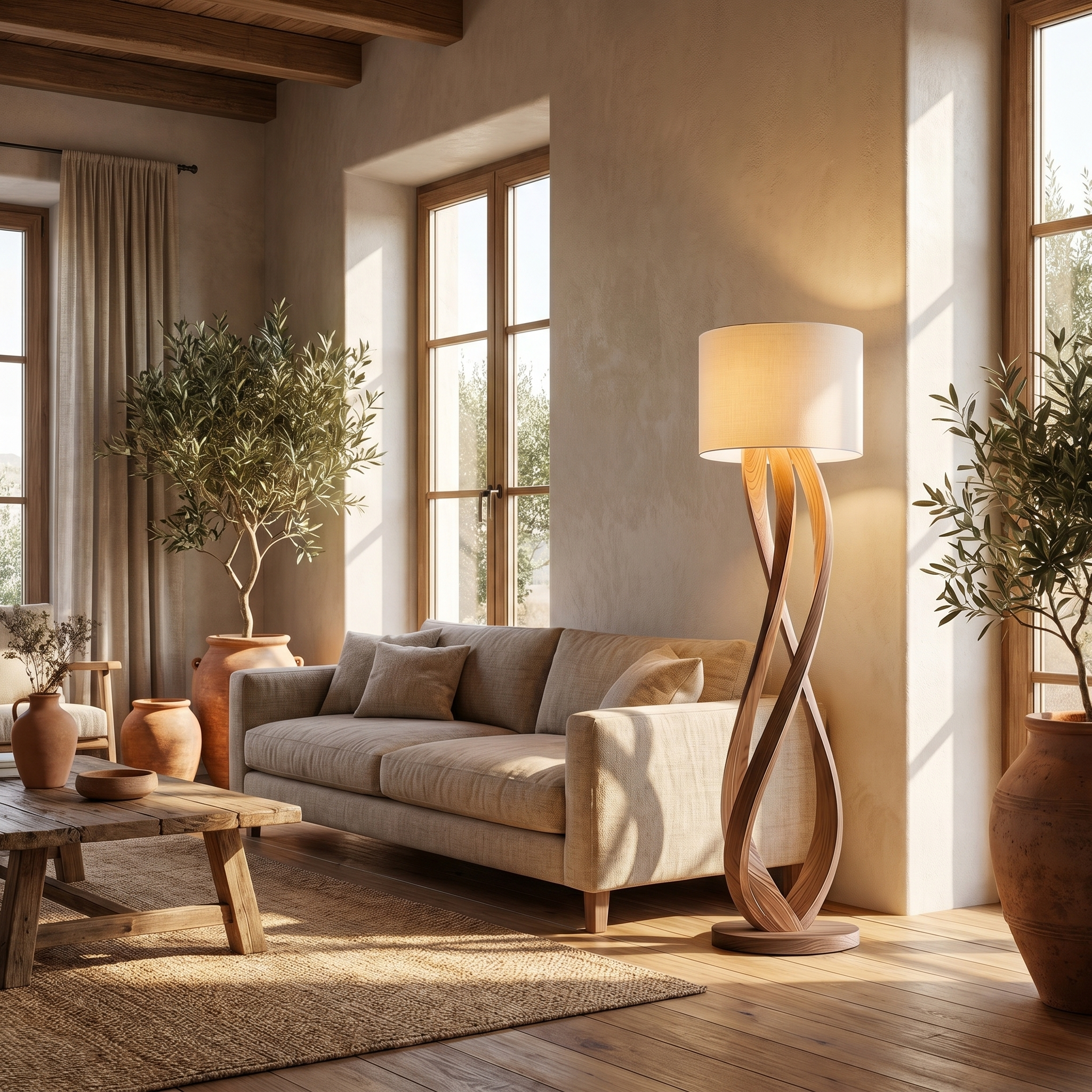 Selva Dorata sculptural wood floor lamp ribbon-twist design in a bright living room