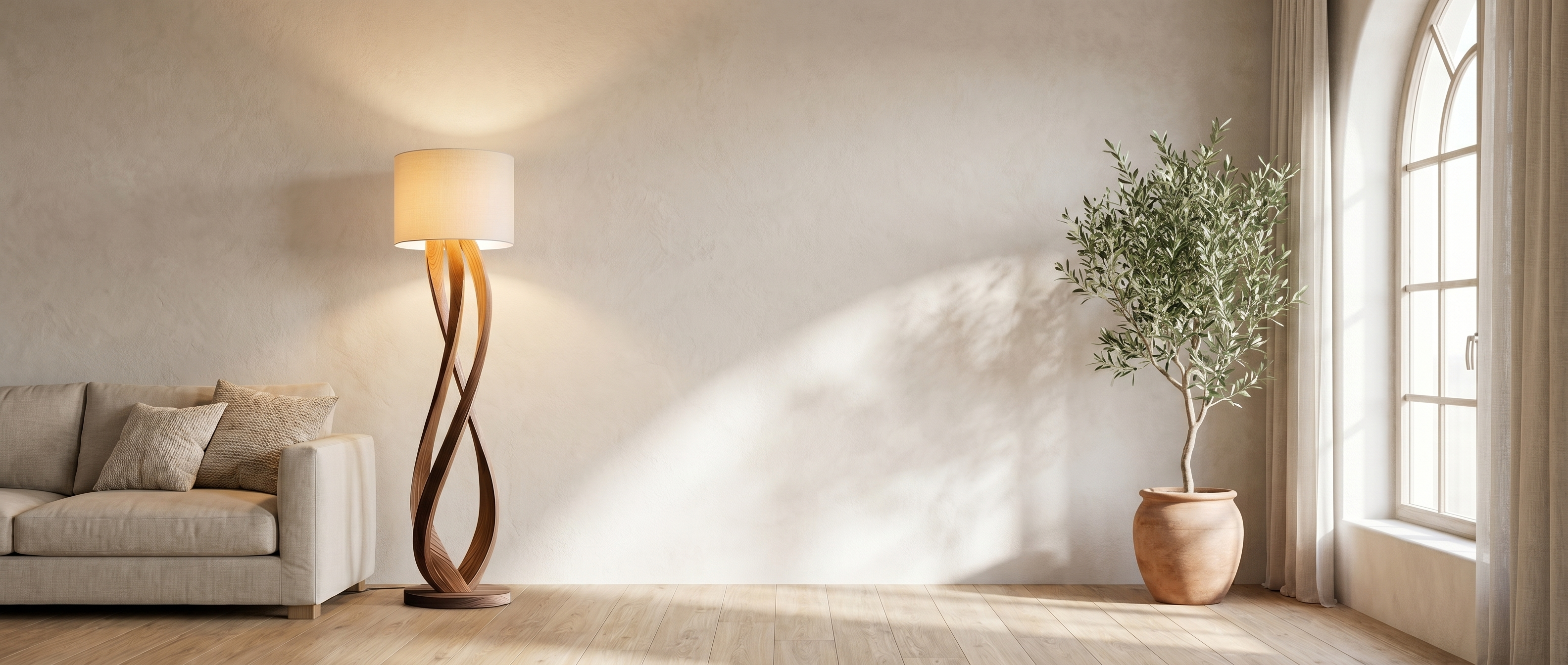 Selva Dorata sculptural wood floor lamp ribbon-twist design in a bright Mediterranean living room