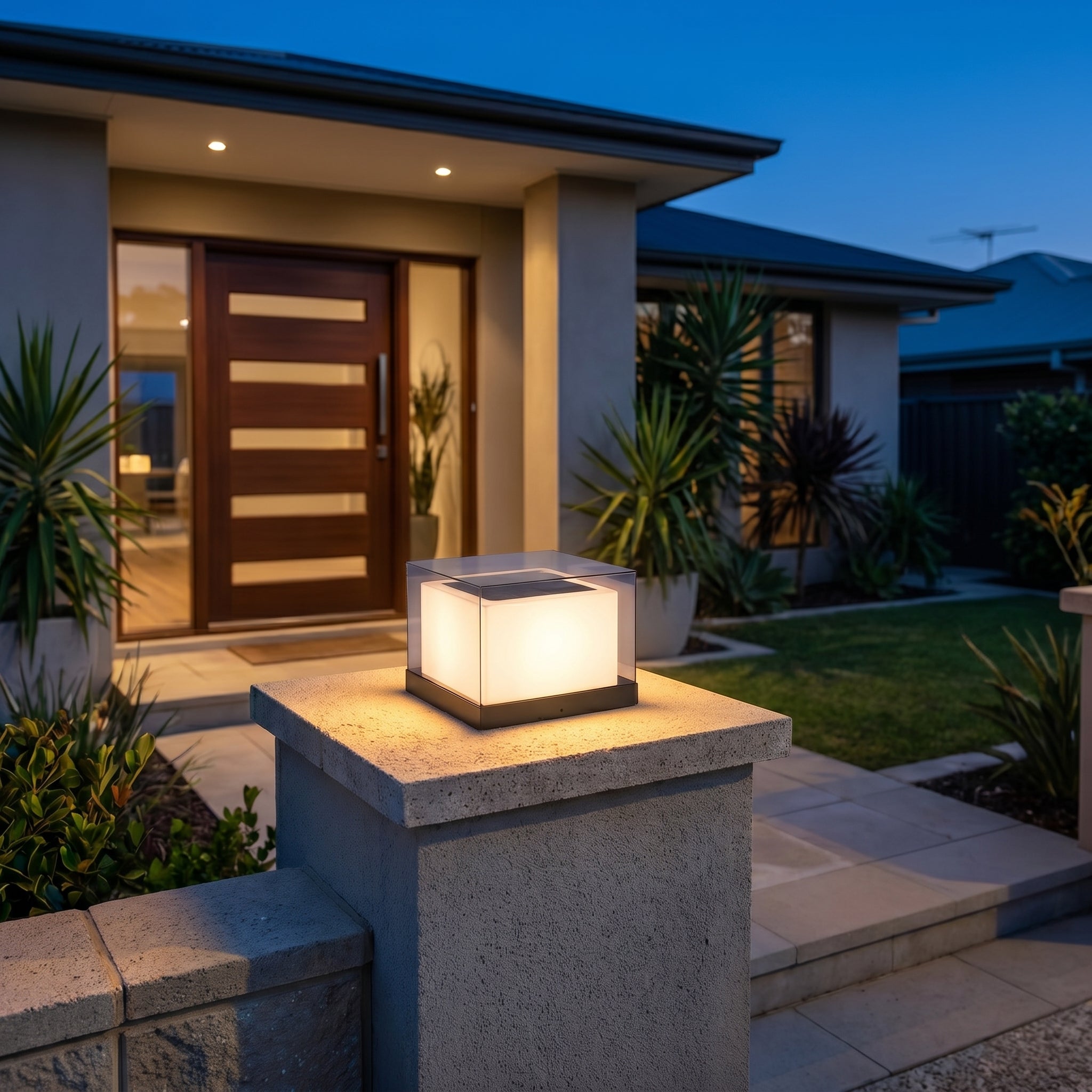 Sera Dorata solar pillar light frosted cube glowing on a modern villa entrance pillar at dusk