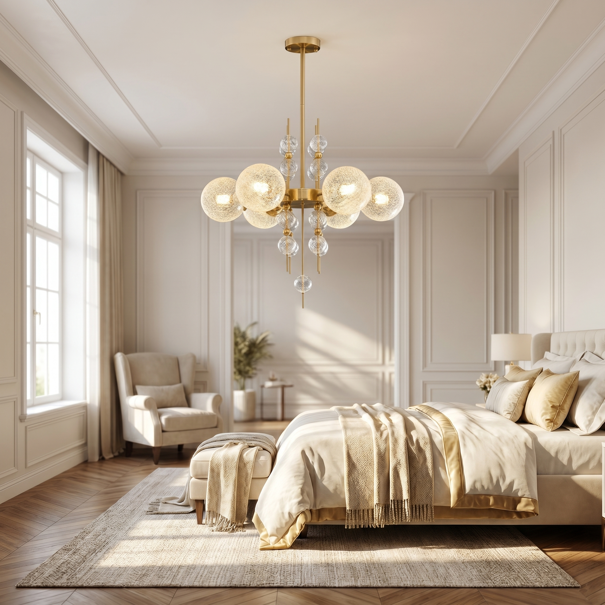 Rugiada Lucente gold bubble chandelier in a bright bedroom