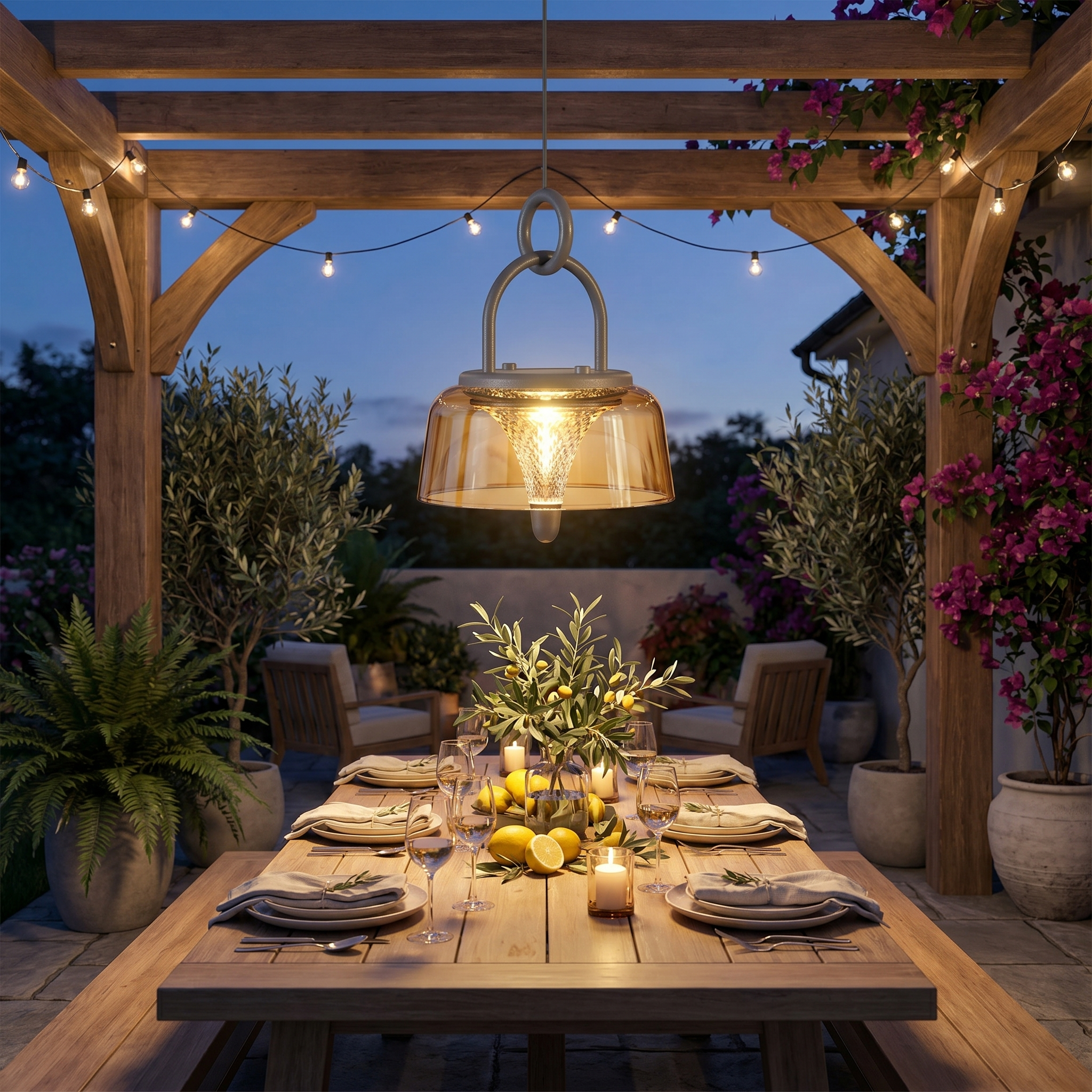 Bagliore Notturno solar lantern hanging from a pergola over a patio dining table at dusk