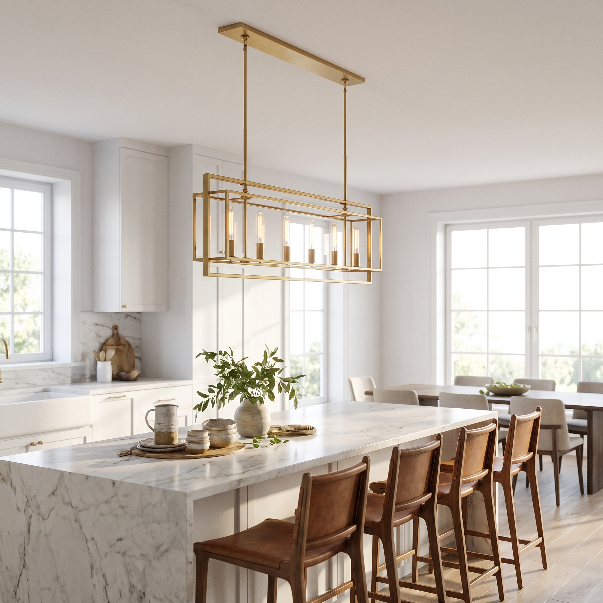 Voliera Lucente brass rectangular cage chandelier over a bright kitchen island