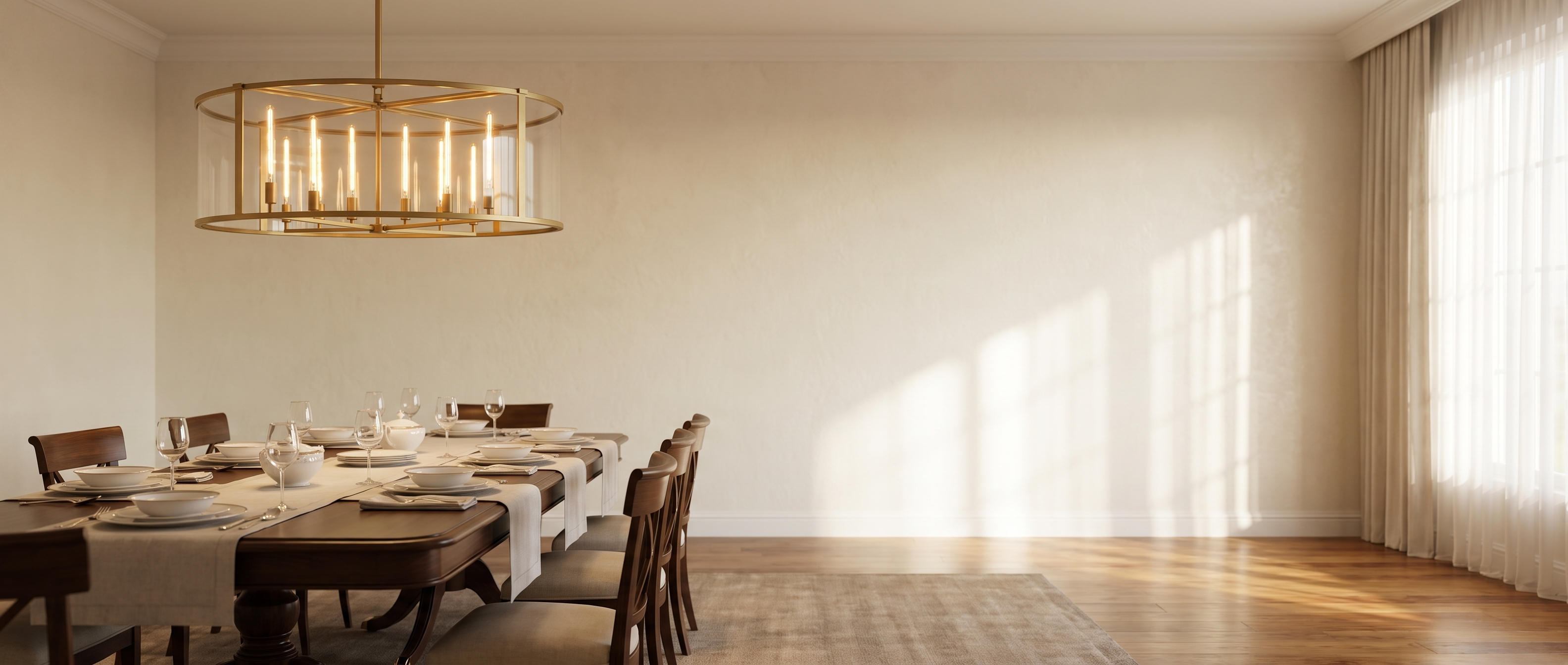 Voliera Lucente brass cage chandelier over a dining table in a bright room