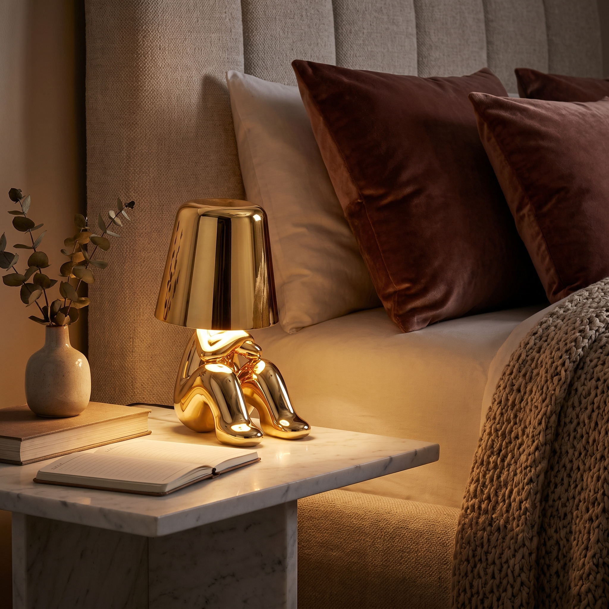 Gold thinker statue lamp on a marble nightstand in a cozy bedroom