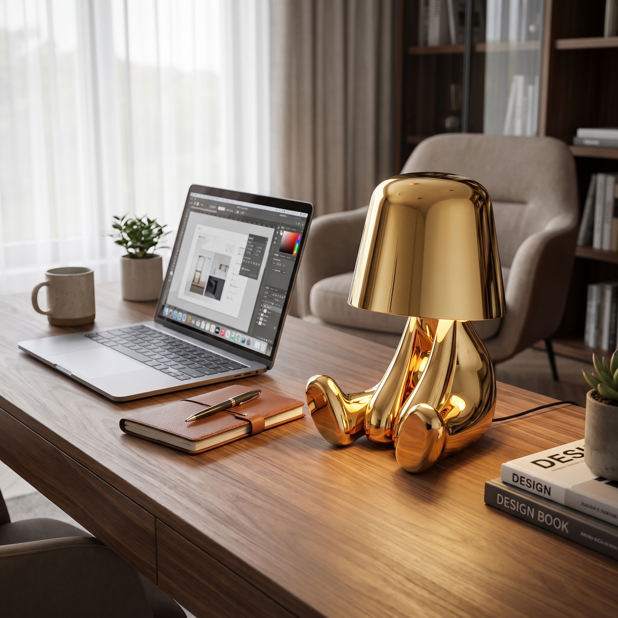 Gold lounging statue lamp on a walnut desk in a chic home office