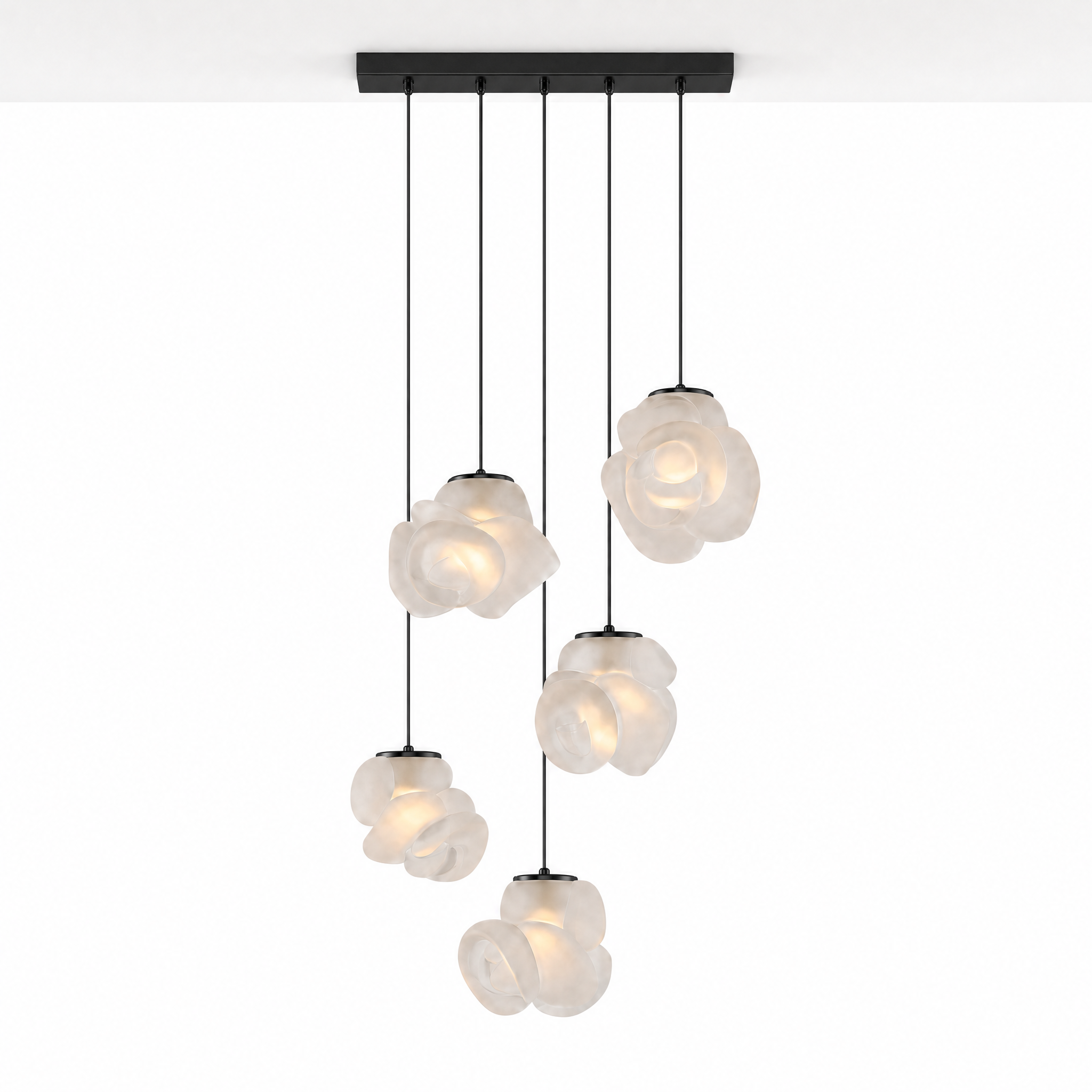 Nuvola Fiorita 5-bloom frosted glass chandelier black, ceiling mounted