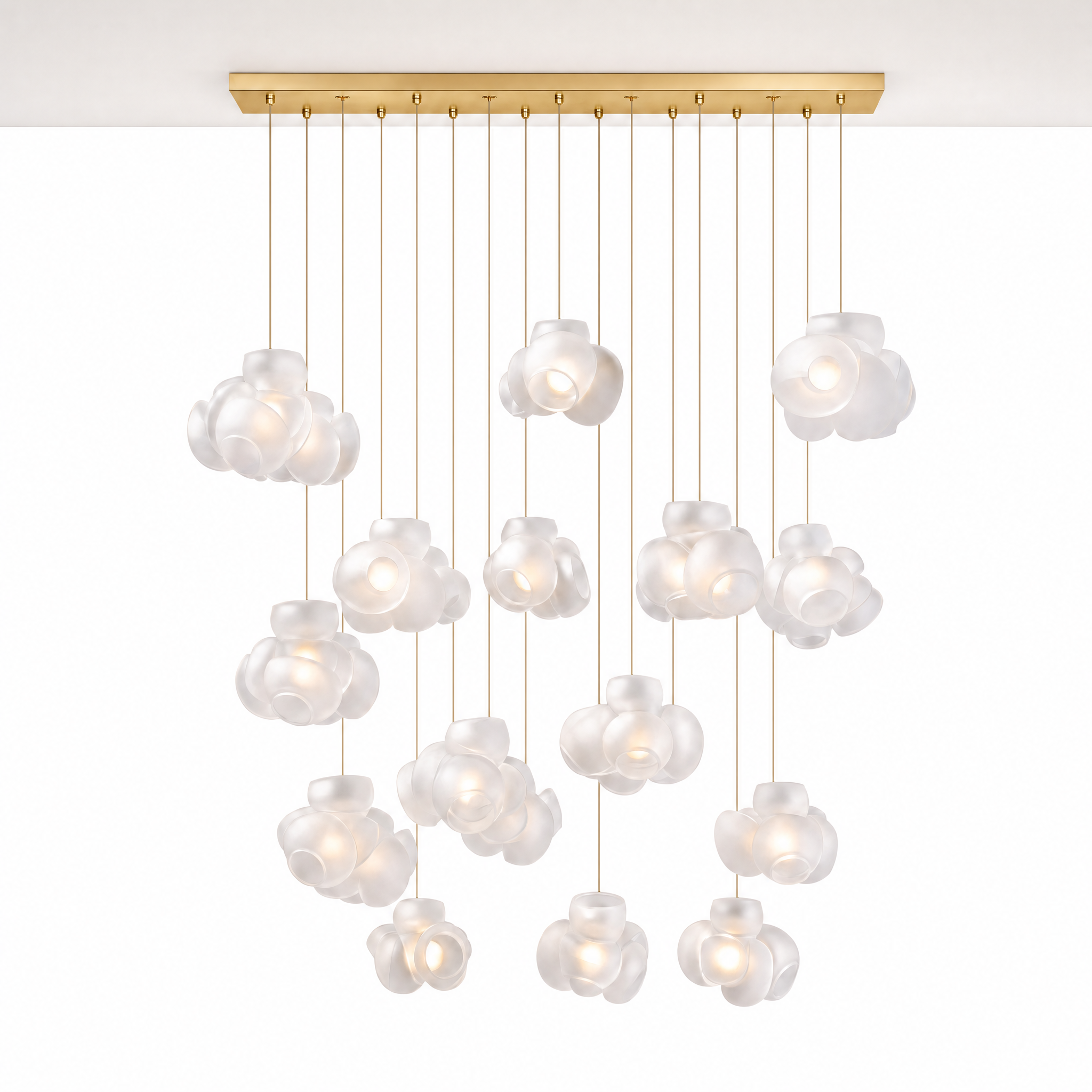 Nuvola Fiorita 15-bloom frosted glass chandelier gold, ceiling mounted