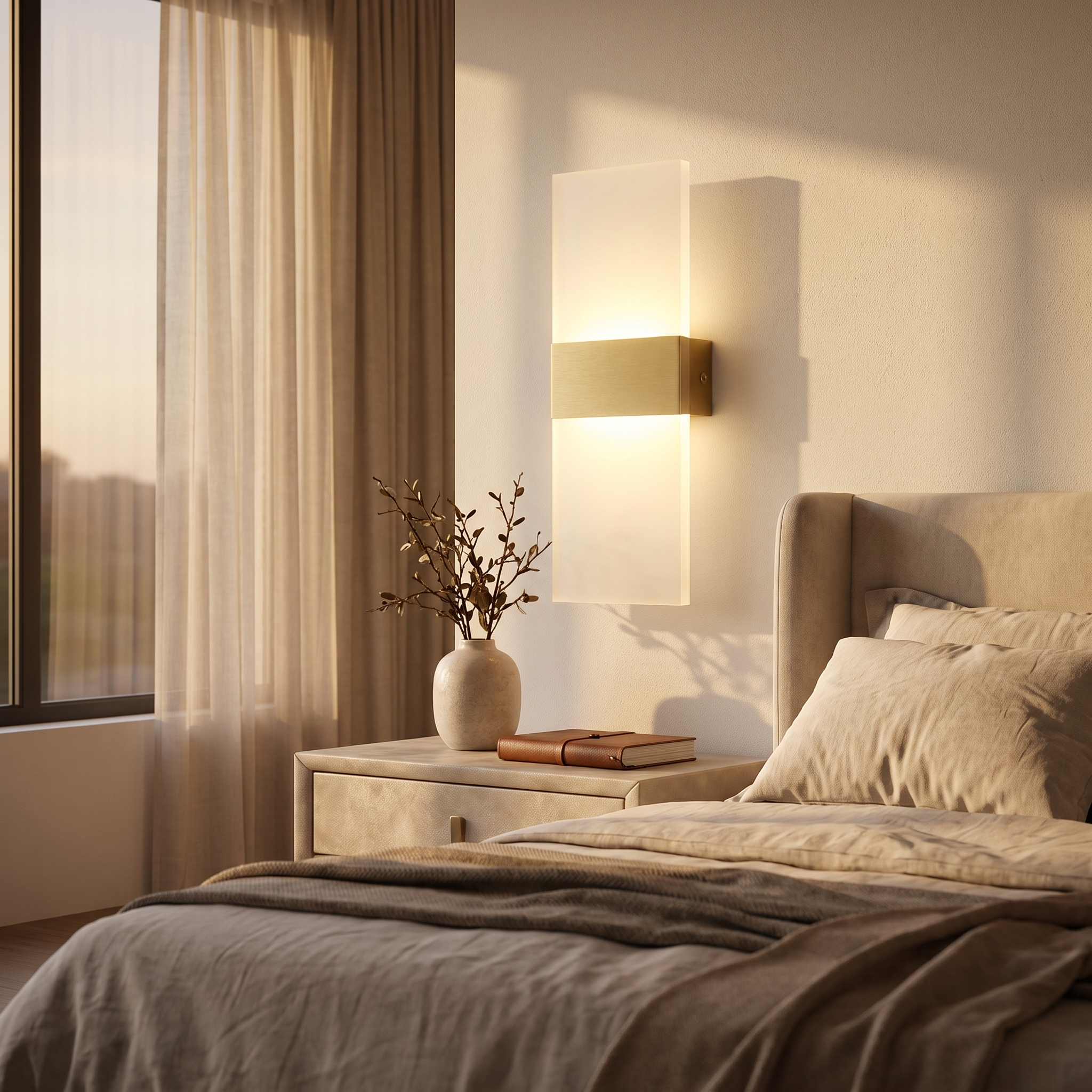 Gold acrylic wall sconce glowing beside a bed