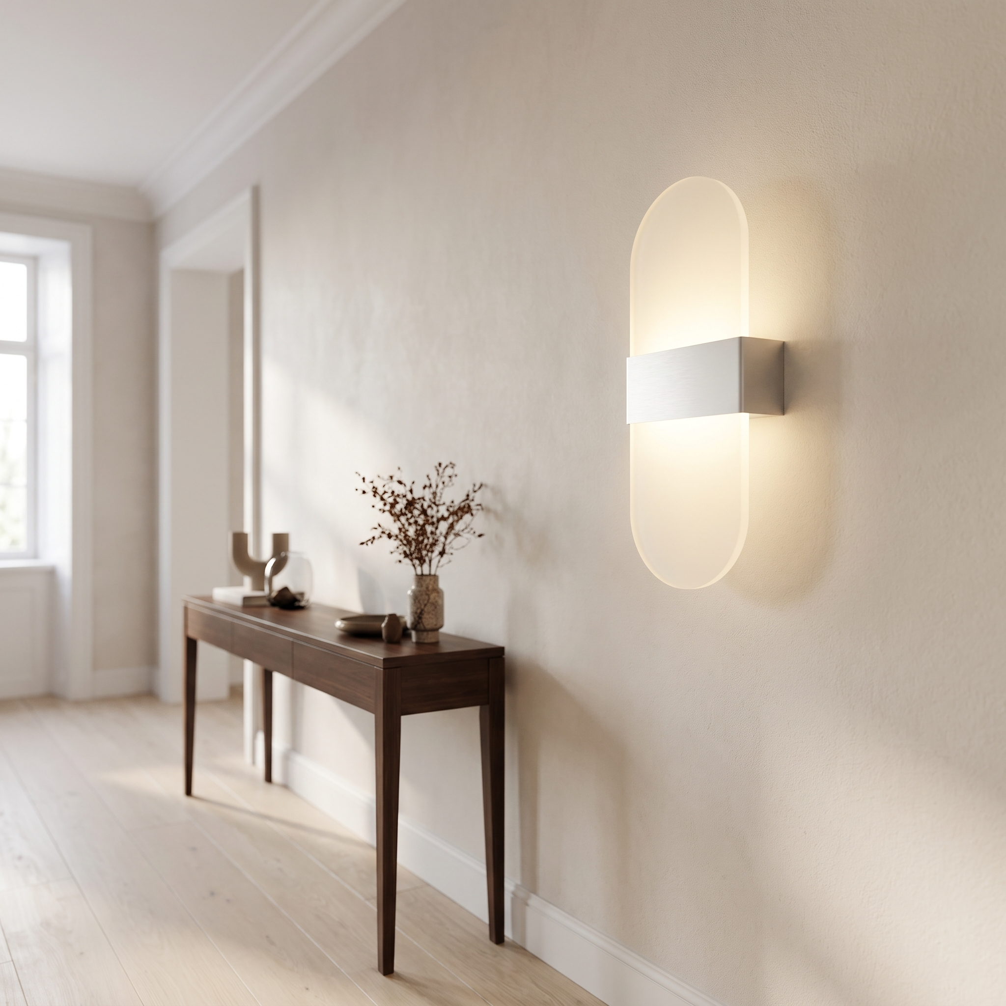 Round silver acrylic wall sconce in a bright hallway