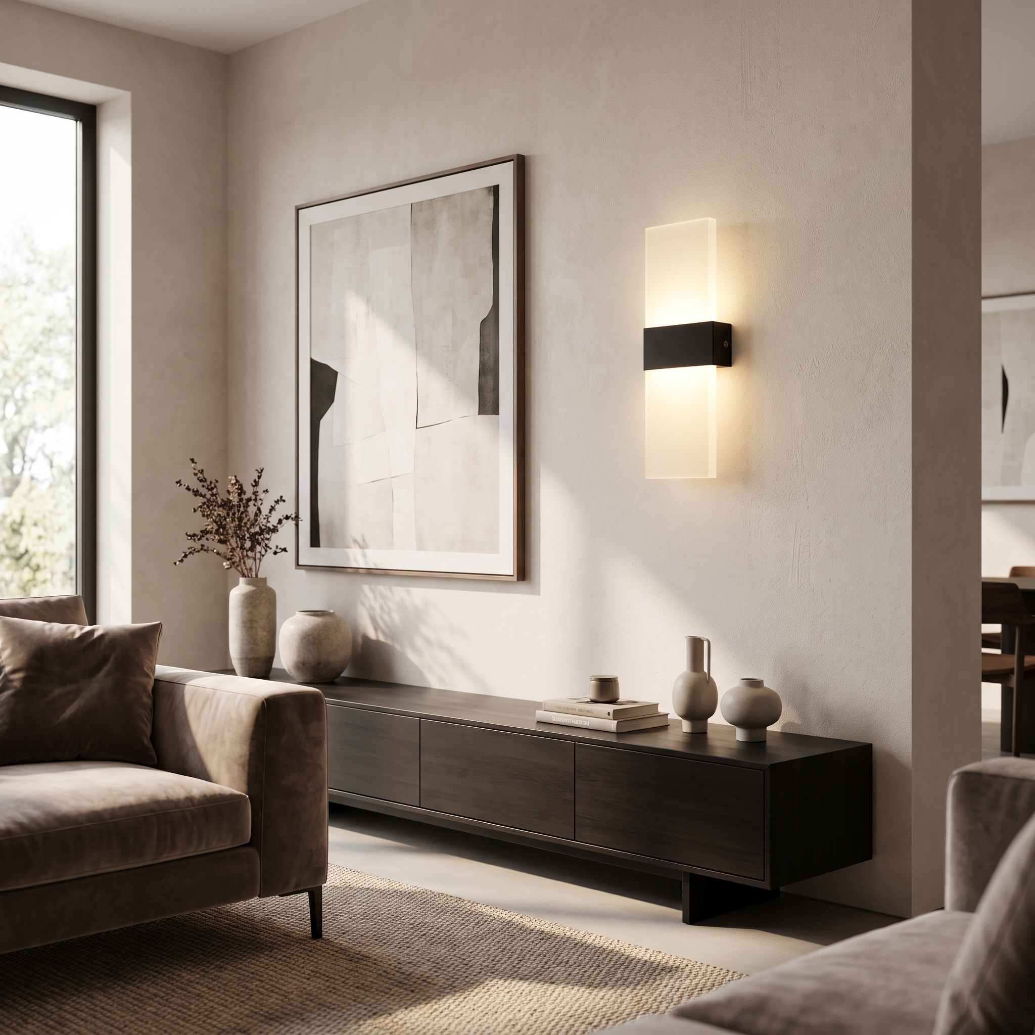 Black acrylic wall sconce beside art in a living room