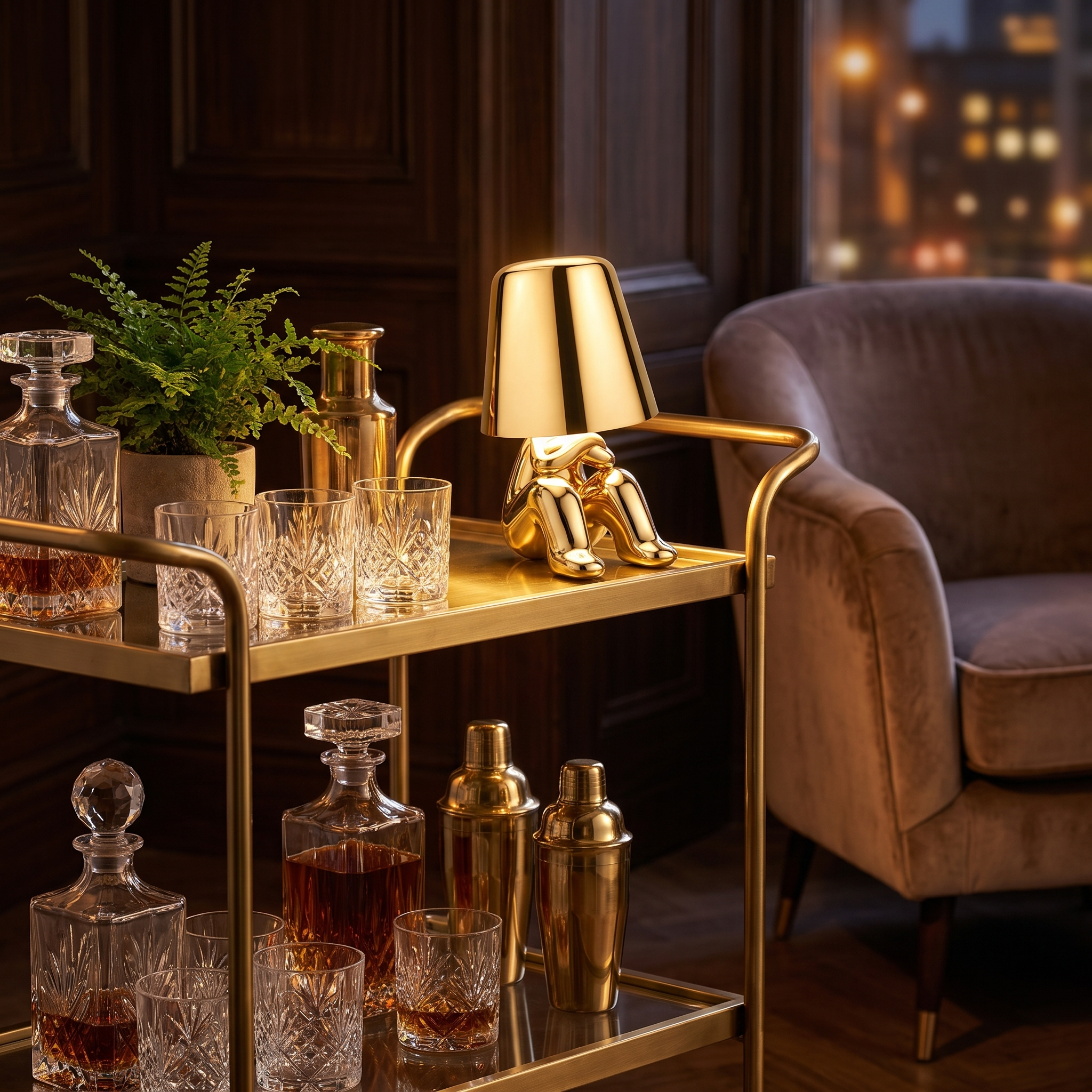 Gold statuette lamp on a brass bar cart with crystal decanters in a warm evening living room
