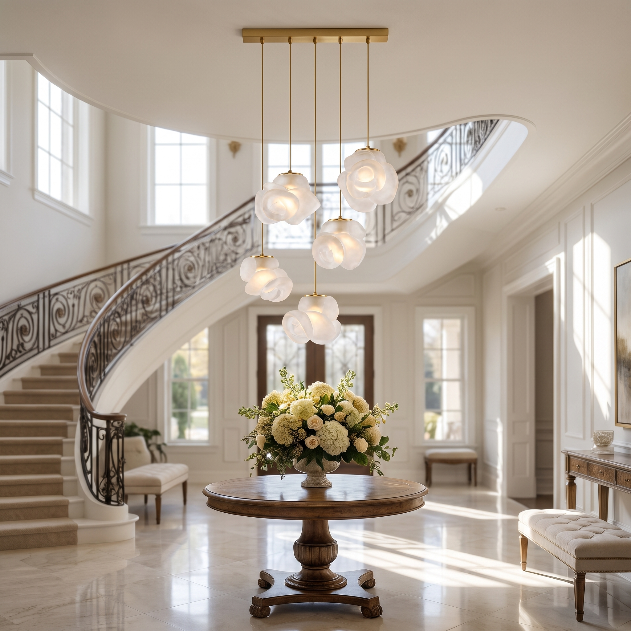 Nuvola Fiorita frosted-glass bloom-cluster chandelier flush-mounted in a grand two-story foyer over a round entry table