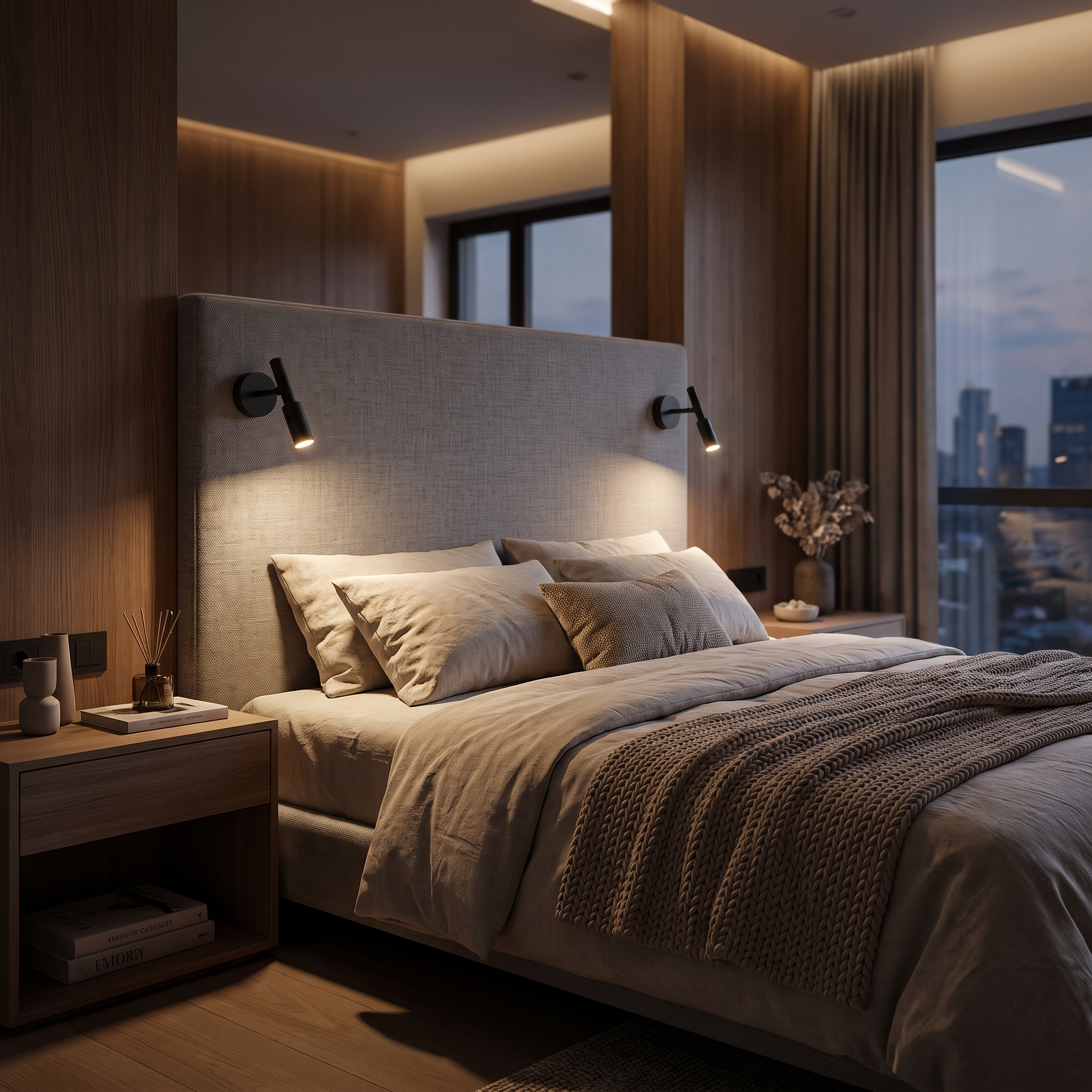 Pair of black swing-arm reading lights above an upholstered headboard, modern bedroom, warm evening