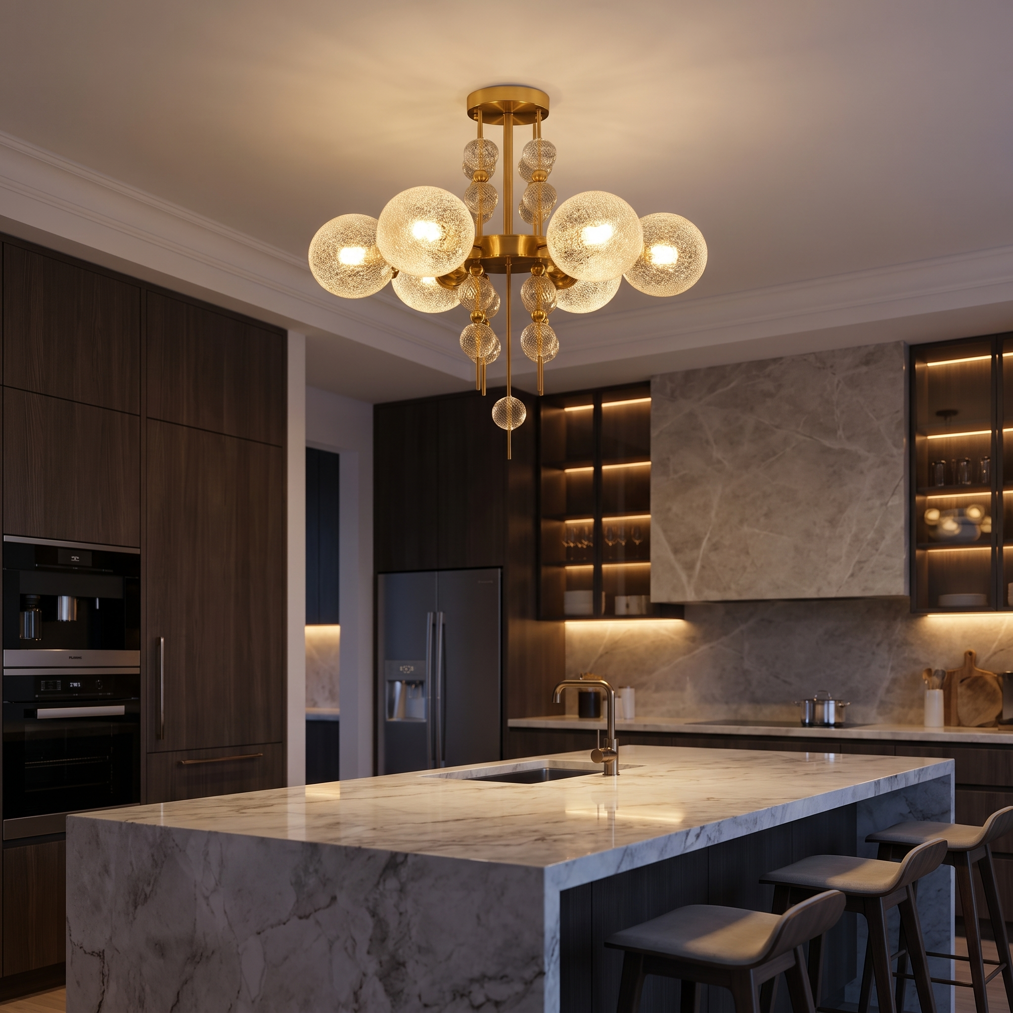 Glass bubble chandelier with gold hardware over a marble kitchen island, warm evening