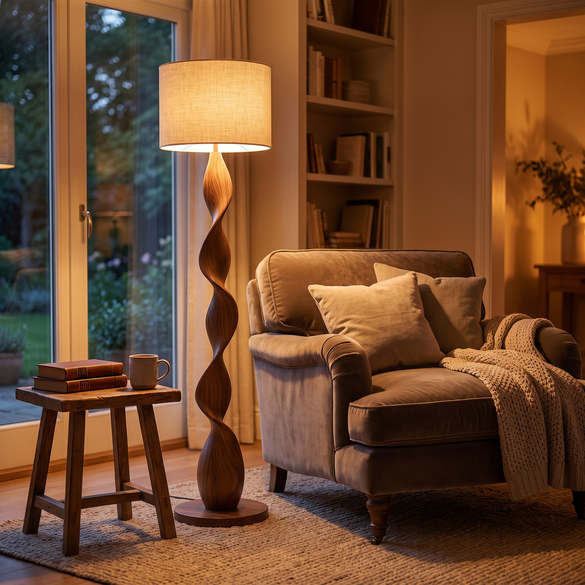 Selva Dorata sculptural carved-wood floor lamp glowing warm beside an armchair in a cozy reading nook