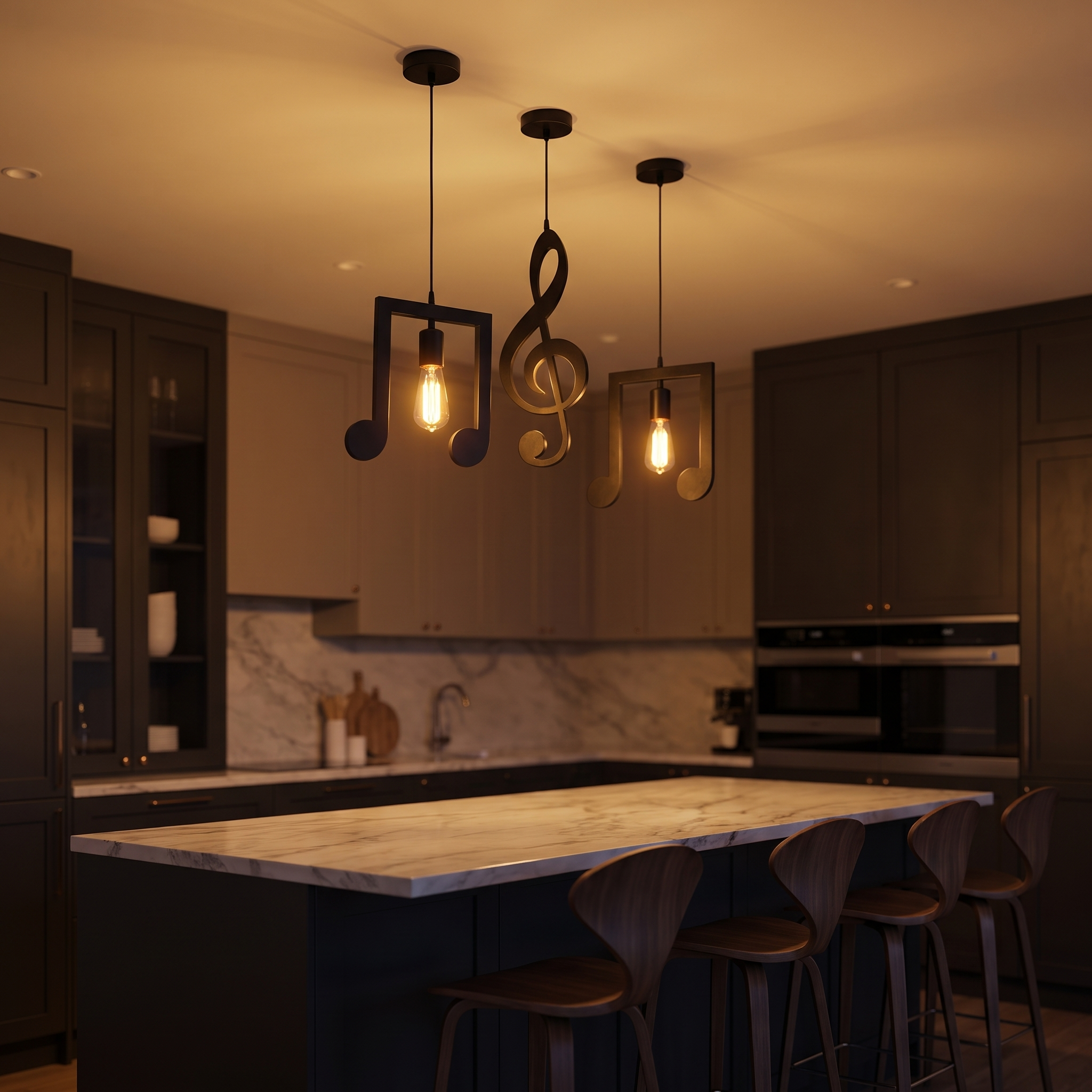 Cluster of black music-note pendant lights over a kitchen island