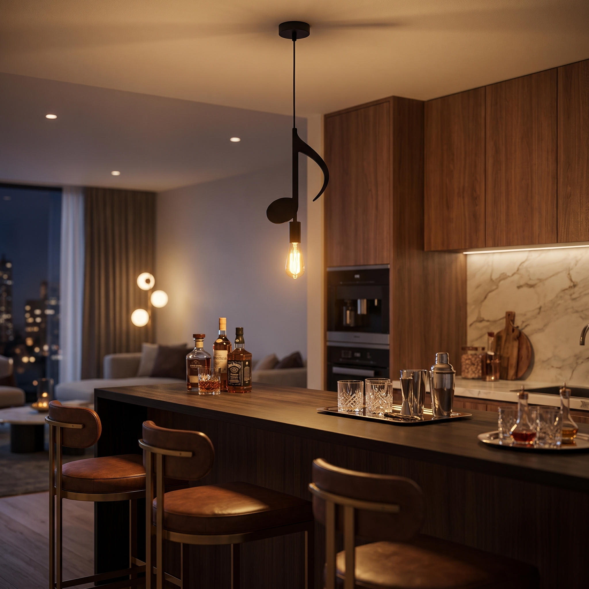 Black eighth-note pendant light over a home bar