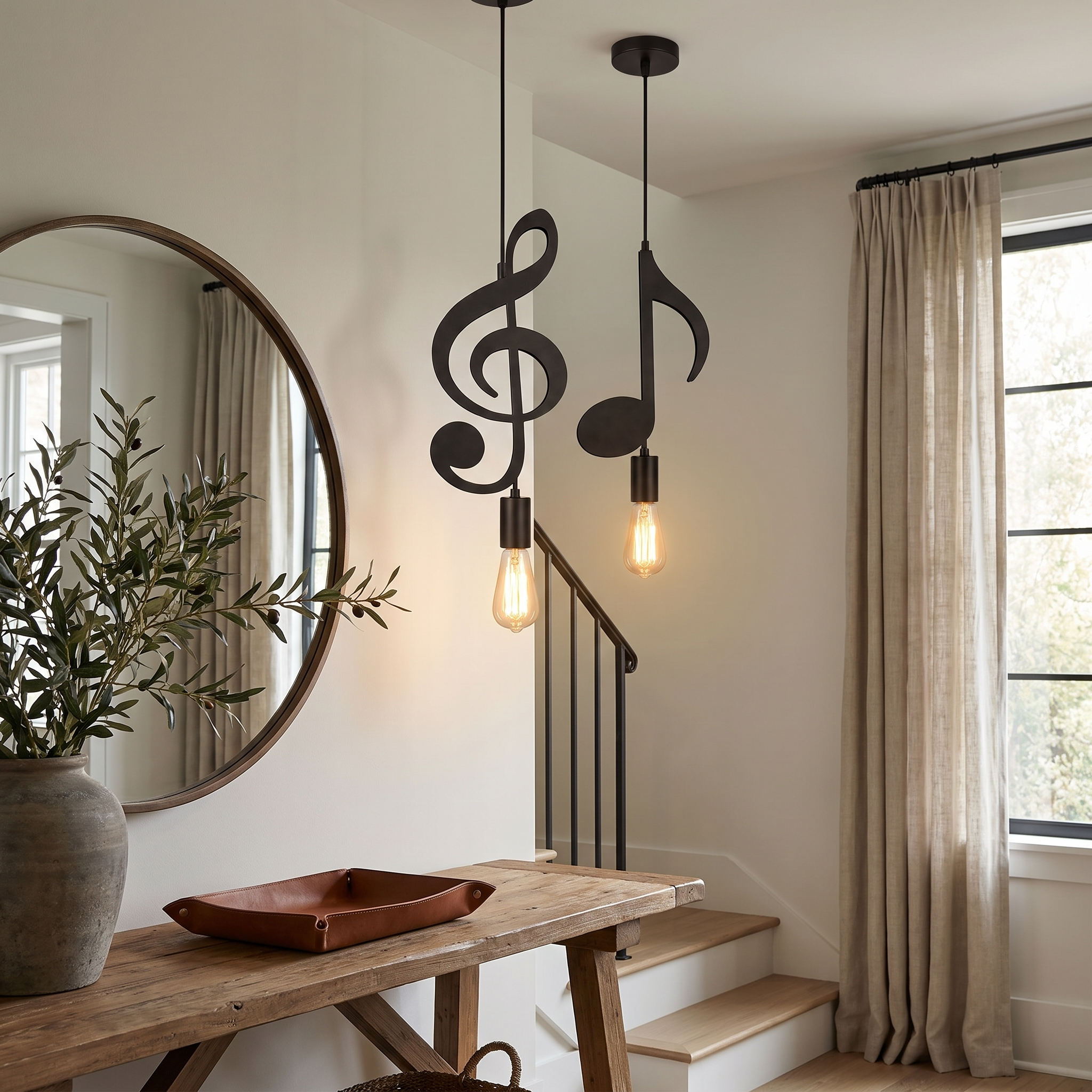 Pair of music-note pendant lights over an entryway console