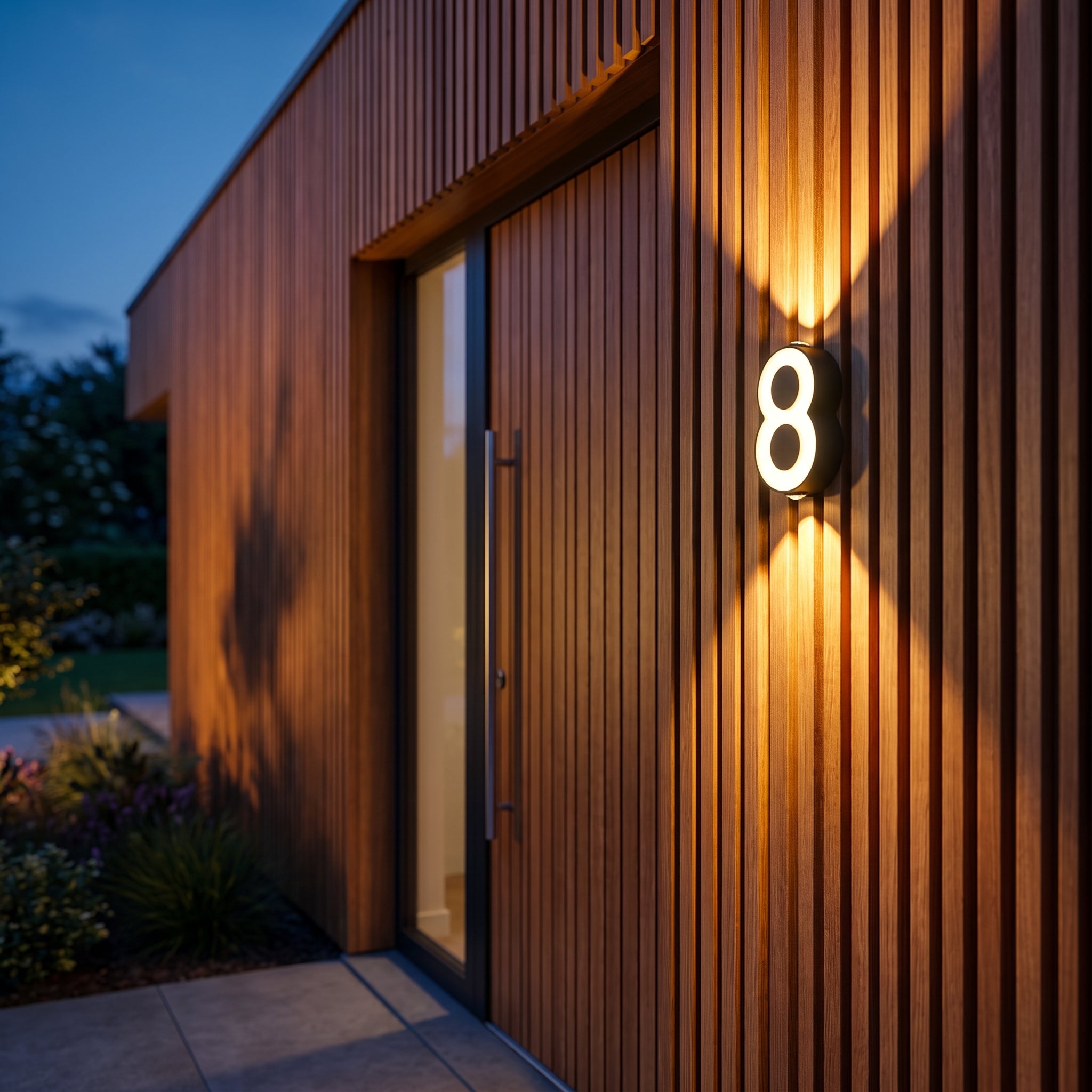 Illuminated house number on a wood-slat facade at dusk