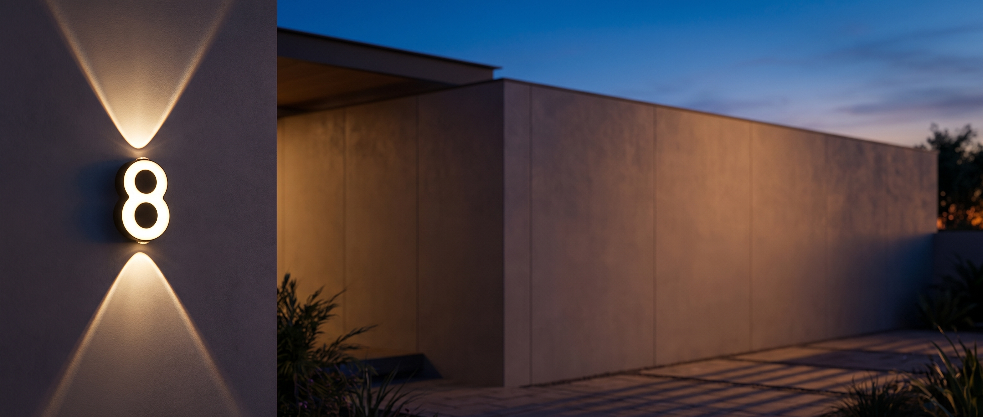Illuminated house number wall light glowing on a modern facade at dusk